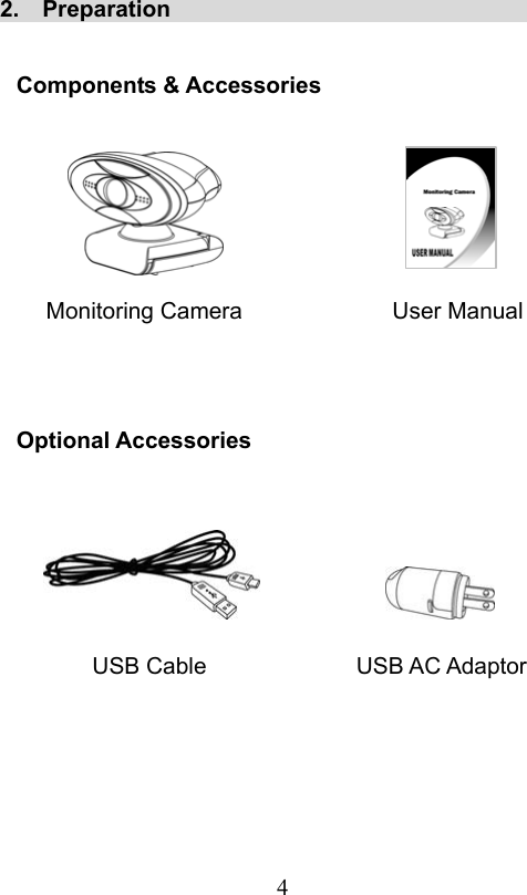                         4                           2.  Preparation                                      Components &amp; Accessories           Monitoring Camera             User Manual    Optional Accessories               USB Cable             USB AC Adaptor 