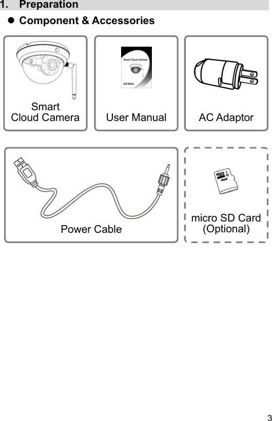  3 EN1.  Preparation                                       Component &amp; Accessories                              Smart Cloud Camera        User Manual     micro SD Card(Optional)       AC Adaptor        Power Cable 