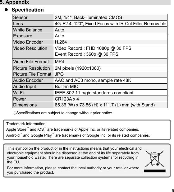  9 EN5. Appendix                                                          Specification ※Specifications are subject to change without prior notice.            Sensor  2M, 1/4&quot;, Back-illuminated CMOS Lens  4G, F2.4, 120°, Fixed Focus with IR-Cut Filter RemovableWhite Balance  Auto Exposure  Auto Video Encoder  H.264 Video Resolution  Video Record : FHD 1080p @ 30 FPS Event Record : 360p @ 30 FPS Video File Format  MP4 Picture Resolution  2M pixels (1920x1080) Picture File Format  JPG Audio Encoder  AAC and AC3 mono, sample rate 48K Audio Input  Built-in MIC Wi-Fi  IEEE 802.11 b/g/n standards compliant Power  CR123A x 4 Dimensions  65.36 (W) x 73.56 (H) x 111.7 (L) mm (with Stand) Trademark Information Apple StoreTM and iOSTM are trademarks of Apple Inc. or its related companies. AndroidTM and Google PlayTM are trademarks of Google Inc. or its related companies. This symbol on the product or in the instructions means that your electrical and electronic equipment should be disposed at the end of its life separately from your household waste. There are separate collection systems for recycling in the EU. For more information, please contact the local authority or your retailer where you purchased the product. 