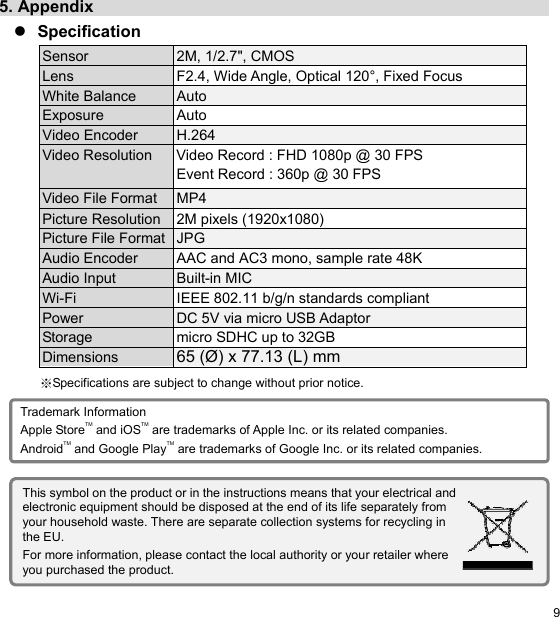  9 EN5. Appendix                                                          Specification ※Specifications are subject to change without prior notice.            Sensor  2M, 1/2.7&quot;, CMOS Lens  F2.4, Wide Angle, Optical 120°, Fixed Focus White Balance  Auto Exposure  Auto Video Encoder  H.264 Video Resolution  Video Record : FHD 1080p @ 30 FPS Event Record : 360p @ 30 FPS Video File Format  MP4 Picture Resolution  2M pixels (1920x1080) Picture File Format  JPG Audio Encoder  AAC and AC3 mono, sample rate 48K Audio Input  Built-in MIC Wi-Fi  IEEE 802.11 b/g/n standards compliant Power  DC 5V via micro USB Adaptor Storage  micro SDHC up to 32GB Dimensions  65 (Ø) x 77.13 (L) mm Trademark Information Apple StoreTM and iOSTM are trademarks of Apple Inc. or its related companies. AndroidTM and Google PlayTM are trademarks of Google Inc. or its related companies. This symbol on the product or in the instructions means that your electrical and electronic equipment should be disposed at the end of its life separately from your household waste. There are separate collection systems for recycling in the EU. For more information, please contact the local authority or your retailer where you purchased the product. 