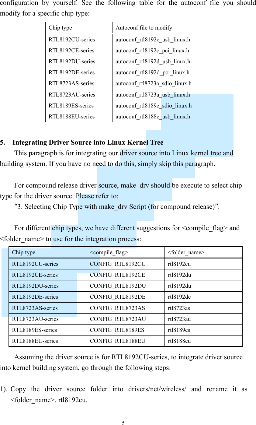    5 configuration  by  yourself.  See  the  following  table  for  the  autoconf  file  you  should modify for a specific chip type:   5. Integrating Driver Source into Linux Kernel Tree This paragraph is for integrating our driver source into Linux kernel tree and building system. If you have no need to do this, simply skip this paragraph.  For compound release driver source, make_drv should be execute to select chip type for the driver source. Please refer to: “3. Selecting Chip Type with make_drv Script (for compound release)”.  For different chip types, we have different suggestions for &lt;compile_flag&gt; and &lt;folder_name&gt; to use for the integration process:  Assuming the driver source is for RTL8192CU-series, to integrate driver source into kernel building system, go through the following steps:  1). Copy  the  driver  source  folder  into  drivers/net/wireless/  and  rename  it  as &lt;folder_name&gt;, rtl8192cu. Chip type  Autoconf file to modify RTL8192CU-series  autoconf_rtl8192c_usb_linux.h RTL8192CE-series  autoconf_rtl8192c_pci_linux.h RTL8192DU-series  autoconf_rtl8192d_usb_linux.h RTL8192DE-series  autoconf_rtl8192d_pci_linux.h RTL8723AS-series  autoconf_rtl8723a_sdio_linux.h RTL8723AU-series  autoconf_rtl8723a_usb_linux.h RTL8189ES-series  autoconf_rtl8189e_sdio_linux.h RTL8188EU-series  autoconf_rtl8188e_usb_linux.h Chip type  &lt;compile_flag&gt;  &lt;folder_name&gt; RTL8192CU-series  CONFIG_RTL8192CU  rtl8192cu RTL8192CE-series  CONFIG_RTL8192CE  rtl8192du RTL8192DU-series  CONFIG_RTL8192DU  rtl8192du RTL8192DE-series  CONFIG_RTL8192DE  rtl8192de RTL8723AS-series  CONFIG_RTL8723AS  rtl8723as RTL8723AU-series  CONFIG_RTL8723AU  rtl8723au RTL8189ES-series  CONFIG_RTL8189ES  rtl8189es RTL8188EU-series  CONFIG_RTL8188EU  rtl8188eu  