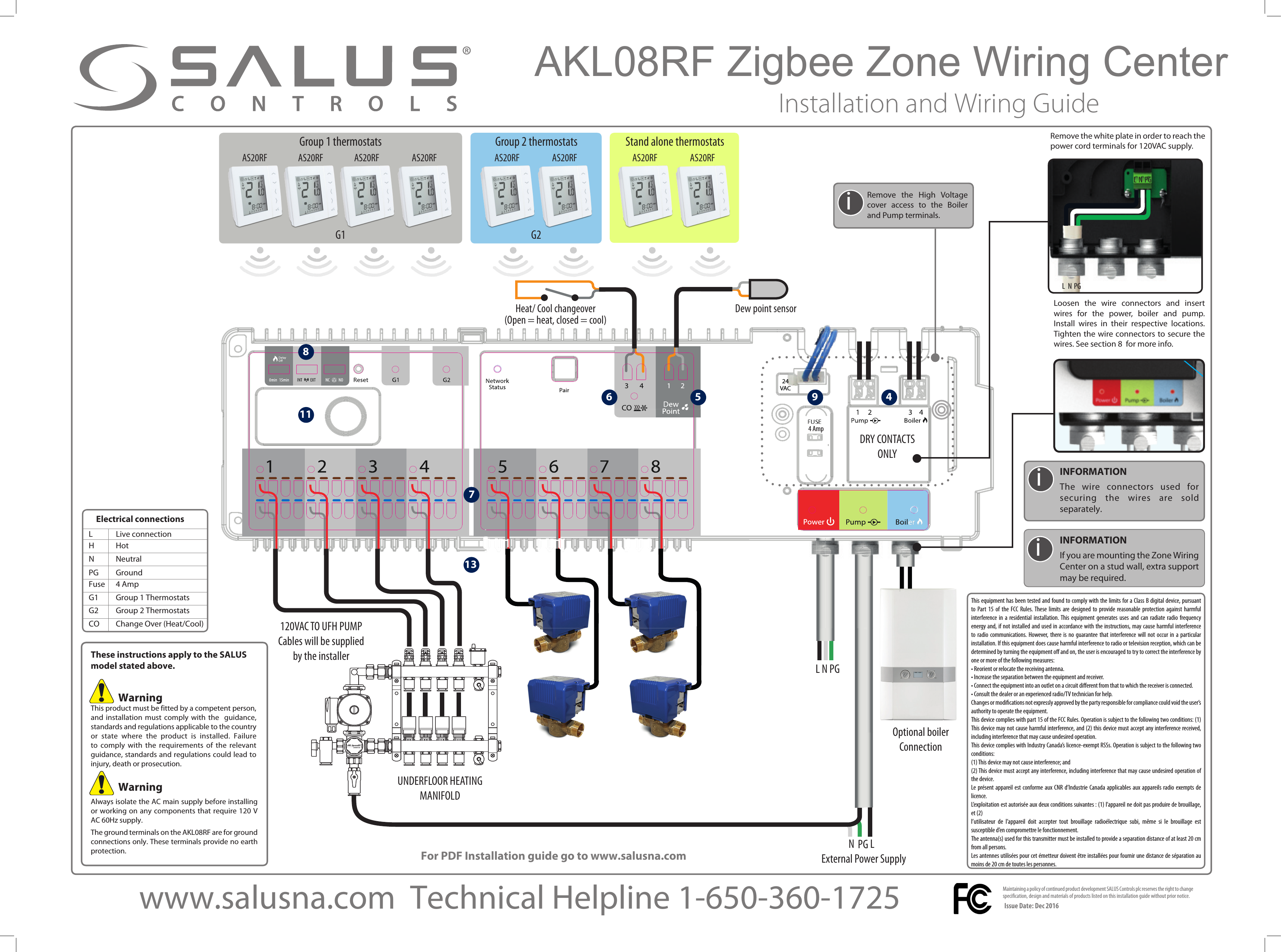 G1 G224VACGroup 1 thermostats Group 2 thermostats Stand alone thermostatsAKL08RF Zigbee Zone Wiring Center                   Installation and Wiring GuideFor PDF Installation guide go to www.salusna.comMaintaining a policy of continued product development SALUS Controls plc reserves the right to change specification, design and materials of products listed on this installation guide without prior notice.Issue Date: Dec 2016   www.salusna.com  Technical Helpline 1-650-360-1725Remove the white plate in order to reach the power cord terminals for 120VAC supply.Loosen the wire connectors and insert wires for the power, boiler and pump. Install wires in their respective locations. Tighten the wire connectors to secure the wires. See section 8  for more info.Optional boilerConnectionHeat/ Cool changeover(Open = heat, closed = cool)Dew point sensorExternal Power SupplyL N PGNLDRY CONTACTS ONLYUNDERFLOOR HEATINGMANIFOLD120VAC TO UFH PUMPCables will be supplied by the installerThese instructions apply to the SALUS model stated above.                 WarningThis product must be fitted by a competent person, and installation must comply with the  guidance, standards and regulations applicable to the country or state where the product is installed. Failure to comply with the requirements of the relevant guidance, standards and regulations could lead to injury, death or prosecution.                 Warning Always isolate the AC main supply before installing or working on any components that require 120 V AC 60Hz supply. The ground terminals on the AKL08RF are for ground connections only. These terminals provide no earth protection.INFORMATION The wire connectors used for securing the wires are sold separately. iRemove the High Voltage cover access to the Boiler and Pump terminals.iINFORMATION If you are mounting the Zone Wiring Center on a stud wall, extra support may be required.L             Live connectionH HotN  Neutral  PG  Ground  Fuse  4 AmpG1  Group 1 ThermostatsG2  Group 2 ThermostatsCO  Change Over (Heat/Cool)AS20RF AS20RF AS20RF AS20RF AS20RFAS20RF AS20RF AS20RFStephen Wu2016-11-11SALUS Project: AKL08 - RF Wiring Center (SW0012 / Rev 10)Transparent matt gray(same color and surface nishing with old KL08 cover)silk print whitematt surface nishing, same black color with old KL08 bodygloss white(same color and nishing with old KL08)logo&amp; warning mark: high gloss surface nishingColor Spec86 5 9 471311iThis equipment has been tested and found to comply with the limits for a Class B digital device, pursuant to Part 15 of the FCC Rules. These limits are designed to provide reasonable protection against harmful interference in a residential installation. This equipment generates uses and can radiate radio frequency energy and, if not installed and used in accordance with the instructions, may cause harmful interference to radio communications. However, there is no guarantee that interference will not occur in a particular installation. If this equipment does cause harmful interference to radio or television reception, which can be determined by turning the equipment o and on, the user is encouraged to try to correct the interference by one or more of the following measures:&bull; Reorient or relocate the receiving antenna.&bull; Increase the separation between the equipment and receiver.&bull; Connect the equipment into an outlet on a circuit dierent from that to which the receiver is connected.&bull; Consult the dealer or an experienced radio/TV technician for help.Changes or modications not expressly approved by the party responsible for compliance could void the user&rsquo;s authority to operate the equipment.This device complies with part 15 of the FCC Rules. Operation is subject to the following two conditions: (1) This device may not cause harmful interference, and (2) this device must accept any interference received, including interference that may cause undesired operation.This device complies with Industry Canada&rsquo;s licence-exempt RSSs. Operation is subject to the following two conditions:(1) This device may not cause interference; and(2) This device must accept any interference, including interference that may cause undesired operation of the device.Le pr&eacute;sent appareil est conforme aux CNR d&rsquo;Industrie Canada applicables aux appareils radio exempts de licence.L&rsquo;exploitation est autoris&eacute;e aux deux conditions suivantes : (1) l&rsquo;appareil ne doit pas produire de brouillage, et (2)l&rsquo;utilisateur de l&rsquo;appareil doit accepter tout brouillage radio&eacute;lectrique subi, m&ecirc;me si le brouillage est susceptible d&rsquo;en compromettre le fonctionnement.The antenna(s) used for this transmitter must be installed to provide a separation distance of at least 20 cm from all persons.Les antennes utilis&eacute;es pour cet &eacute;metteur doivent &ecirc;tre install&eacute;es pour fournir une distance de s&eacute;paration au moins de 20 cm de toutes les personnes.LN PGL N PGPGElectrical connections4 Amp