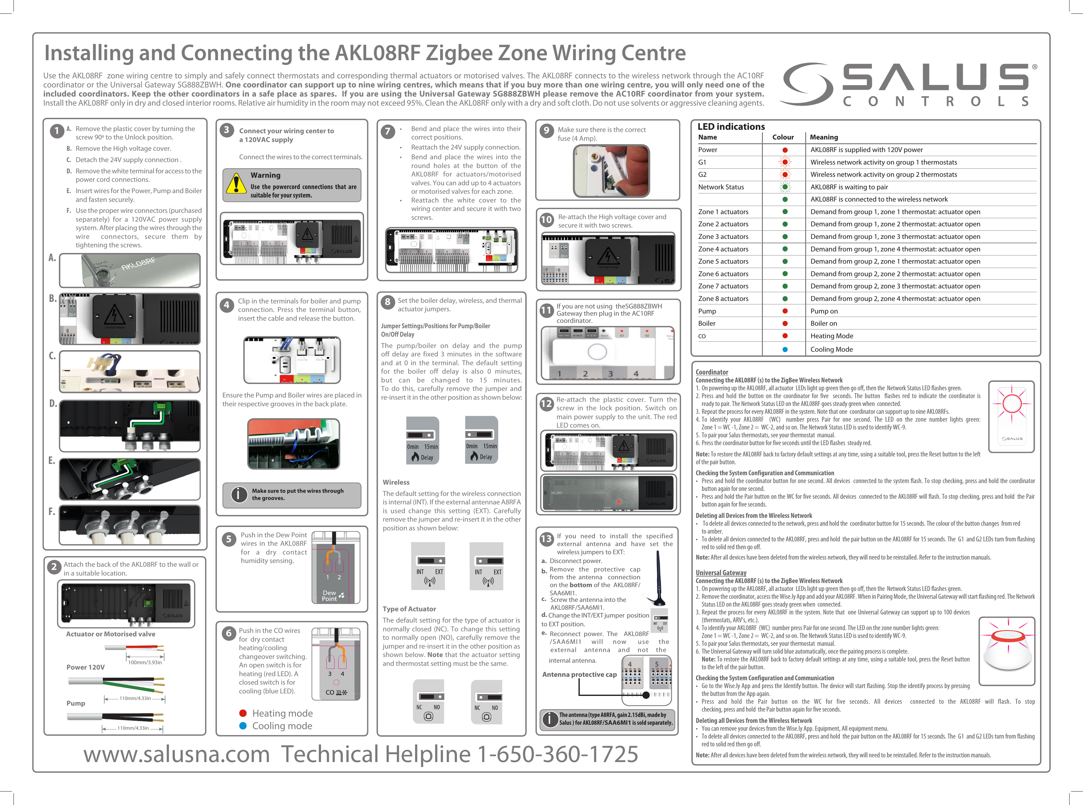 Installing and Connecting the AKL08RF Zigbee Zone Wiring CentreUse the AKL08RF  zone wiring centre to simply and safely connect thermostats and corresponding thermal actuators or motorised valves. The AKL08RF connects to the wireless network through the AC10RF coordinator or the Universal Gateway SG888ZBWH. One coordinator can support up to nine wiring centres, which means that if you buy more than one wiring centre, you will only need one of the included coordinators. Keep the other coordinators in a safe place as spares.  If you are using the Universal Gateway SG888ZBWH please remove the AC10RF coordinator from your system. Install the AKL08RF only in dry and closed interior rooms. Relative air humidity in the room may not exceed 95%. Clean the AKL08RF only with a dry and soft cloth. Do not use solvents or aggressive cleaning agents.If you are not using  theSG888ZBWH Gateway then plug in the AC10RF coordinator.LED indicationsName Colour               MeaningPower AKL08RF is supplied with 120V powerG1 &bull; Wireless network activity on group 1 thermostatsG2 &bull; Wireless network activity on group 2 thermostatsNetwork Status &bull; AKL08RF is waiting to pair &bull; AKL08RF is connected to the wireless network Zone 1 actuators &bull; Demand from group 1, zone 1 thermostat: actuator openZone 2 actuators &bull; Demand from group 1, zone 2 thermostat: actuator openZone 3 actuators &bull; Demand from group 1, zone 3 thermostat: actuator openZone 4 actuators &bull; Demand from group 1, zone 4 thermostat: actuator openZone 5 actuators &bull; Demand from group 2, zone 1 thermostat: actuator openZone 6 actuators &bull; Demand from group 2, zone 2 thermostat: actuator openZone 7 actuators &bull; Demand from group 2, zone 3 thermostat: actuator openZone 8 actuators &bull; Demand from group 2, zone 4 thermostat: actuator openPump &bull; Pump onBoiler &bull; Boiler on CO  &bull; Heating Mode &bull; Cooling ModeSet the boiler delay, wireless, and thermal actuator jumpers.Jumper Settings/Positions for Pump/BoilerOn/Off DelayThe pump/boiler on delay and the pump off delay are fixed 3 minutes in the software and at 0 in the terminal. The default setting for the boiler off delay is also 0 minutes, but can be changed to 15 minutes. To do this, carefully remove the jumper and re-insert it in the other position as shown below:WirelessThe default setting for the wireless connection is internal (INT). If the external antennae A8RFA is used change this setting (EXT). Carefully remove the jumper and re-insert it in the other position as shown below:Type of ActuatorThe default setting for the type of actuator is normally closed (NC). To change this setting to normally open (NO), carefully remove the jumper and re-insert it in the other position as shown below. Note that the actuator setting and thermostat setting must be the same.Push in the Dew Point wires in the AKL08RF for a dry contact humidity sensing.&bull;Bend and place the wires into theircorrect positions.&bull; Reattach the 24V supply connection.&bull;Bend and place the wires into theround holes at the button of theAKL08RF for actuators/motorisedvalves. You can add up to 4 actuatorsor motorised valves for each zone.&bull;Reattach the white cover to thewiring center and secure it with twoscrews.Make sure there is the correctfuse (4 Amp).Re-attach the plastic cover. Turn the screw in the lock position. Switch on main power supply to the unit. The red LED comes on.Re-attach the High voltage cover and secure it with two screws.CoordinatorConnecting the AKL08RF (s) to the ZigBee Wireless Network1. On powering up the AKL08RF, all actuator  LEDs light up green then go off, then the  Network Status LED flashes green.2. Press and hold the button on the coordinator for five  seconds. The button  flashes red to indicate the coordinator isready to pair. The Network Status LED on the AKL08RF goes steady green when  connected.3. Repeat the process for every AKL08RF in the system. Note that one  coordinator can support up to nine AKL08RFs.4. To identify your AKL08RF  (WC)  number press Pair for one second. The LED on the zone number lights green:Zone 1 = WC -1, Zone 2 =  WC-2, and so on. The Network Status LED is used to identify WC-9.5. To pair your Salus thermostats, see your thermostat  manual.6. Press the coordinator button for five seconds until the LED flashes  steady red.Note: To restore the AKL08RF back to factory default settings at any time, using a suitable tool, press the Reset button to the left of the pair button.Checking the System Configuration and Communication&bull; Press and hold the coordinator button for one second. All devices  connected to the system flash. To stop checking, press and hold the coordinator button again for one second.&bull; Press and hold the Pair button on the WC for five seconds. All devices  connected to the AKL08RF will flash. To stop checking, press and hold  the Pairbutton again for five seconds.Deleting all Devices from the Wireless Network&bull;   To delete all devices connected to the network, press and hold the  coordinator button for 15 seconds. The colour of the button changes  from redto amber.&bull;  To delete all devices connected to the AKL08RF, press and hold  the pair button on the AKL08RF for 15 seconds. The  G1  and G2 LEDs turn from flashing red to solid red then go off.Note: After all devices have been deleted from the wireless network, they will need to be reinstalled. Refer to the instruction manuals.Universal GatewayConnecting the AKL08RF (s) to the ZigBee Wireless Network1. On powering up the AKL08RF, all actuator  LEDs light up green then go off, then the  Network Status LED flashes green.2. Remove the coordinator, access the Wise.ly App and add your AKL08RF. When in Pairing Mode, the Universal Gateway will start flashing red. The Network  Status LED on the AKL08RF goes steady green when  connected.3. Repeat the process for every AKL08RF in the system. Note that  one Universal Gateway can support up to 100 devices(thermostats, ARV&rsquo;s, etc.).4. To identify your AKL08RF  (WC)  number press Pair for one second. The LED on the zone number lights green:Zone 1 = WC -1, Zone 2 =  WC-2, and so on. The Network Status LED is used to identify WC-9.5. To pair your Salus thermostats, see your thermostat  manual.6.  The Universal Gateway will turn solid blue automatically, once the pairing process is complete.Note: To restore the AKL08RF back to factory default settings at any time, using a suitable tool, press the Reset buttonto the left of the pair button.Checking the System Configuration and Communication&bull; Go to the Wise.ly App and press the Identify button. The device will start flashing. Stop the identify process by pressingthe button from the App again.&bull; Press and hold the Pair button on the WC for five seconds. All devices  connected to the AKL08RF will flash. To stop checking, press and hold  the Pair button again for five seconds.Deleting all Devices from the Wireless Network&bull;  You can remove your devices from the Wise.ly App. Equipment, All equipment menu.&bull;  To delete all devices connected to the AKL08RF, press and hold  the pair button on the AKL08RF for 15 seconds. The  G1  and G2 LEDs turn from flashing red to solid red then go off.Note: After all devices have been deleted from the wireless network, they will need to be reinstalled. Refer to the instruction manuals. Antenna protective cap Connect your wiring center toa 120VAC supplyConnect the wires to the correct terminals.3Warning Use the powercord connections that are suitable for your system.578910111213Clip in the terminals for boiler and pump connection. Press the terminal button, insert the cable and release the button.Ensure the Pump and Boiler wires are placed in their respective grooves in the back plate.4iMake sure to put the wires throughthe grooves.24VAC624VACPush in the CO wires for  dry contact heating/cooling changeover switching. An open switch is for heating (red LED). A closed switch is for cooling (blue LED).&bull;Heating mode&bull;Cooling modeA.  Remove the plastic cover by turning thescrew 90 to the Unlock position. B.  Remove the High voltage cover.C.  Detach the 24V supply connection .D.  Remove the white terminal for access to the  power cord connections.E.   Insert wires for the Power, Pump and Boiler  and fasten securely.F.  Use the proper wire connectors (purchased  separately) for a 120VAC power supply  system. After placing the wires through the  wire  connectors, secure them by  tightening the screws.A.B.D.E.C.1F.2Attach the back of the AKL08RF to the wall orin a suitable location.110mm/4.33inPump100mm/3.93inActuator or Motorised valvePower 120V www.salusna.com  Technical Helpline 1-650-360-1725&bull;If you need to install the specified external antenna and have set the  wireless jumpers to EXT:a. Disconnect power.b. Remove the protective cap from the antenna  connection on the bottom of the  AKL08RF/SAA6MI1.c. Screw the antenna into the AKL08RF/SAA6MI1.d. Change the INT/EXT jumper  positionto EXT position.e. Reconnect power. The  AKL08RF/SAA6MI1 will now  use theexternal antenna and not the internal antenna.iThe antenna (type A8RFA, gain 2.15dBi, made by Salus ) for AKL08RF/SAA6MI1 is sold separately.110mm/4.33in