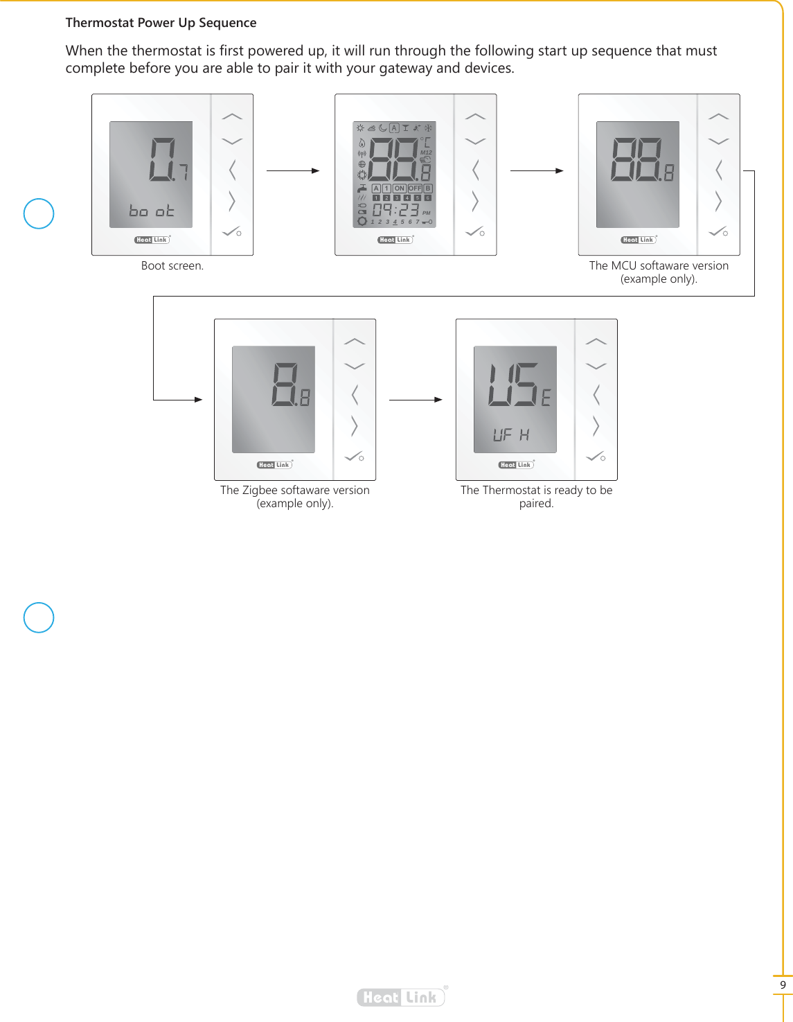 9&reg;LinkHeat7KHUPRVWDW3RZHU8S6HTXHQFH:KHQWKHWKHUPRVWDWLV&Agrave;UVWSRZHUHGXSLWZLOOUXQWKURXJKWKHIROORZLQJVWDUWXSVHTXHQFHWKDWPXVWFRPSOHWHEHIRUH\RXDUHDEOHWRSDLULWZLWK\RXUJDWHZD\DQGGHYLFHV&reg;LinkHeat7KH7KHUPRVWDWLVUHDG\WREHSDLUHG&reg;LinkHeat7KH=LJEHHVRIWDZDUHYHUVLRQH[DPSOHRQO\&reg;LinkHeat1234567A B1 ON OFFM12PM&reg;LinkHeat%RRWVFUHHQ&reg;LinkHeat7KH0&amp;8VRIWDZDUHYHUVLRQH[DPSOHRQO\