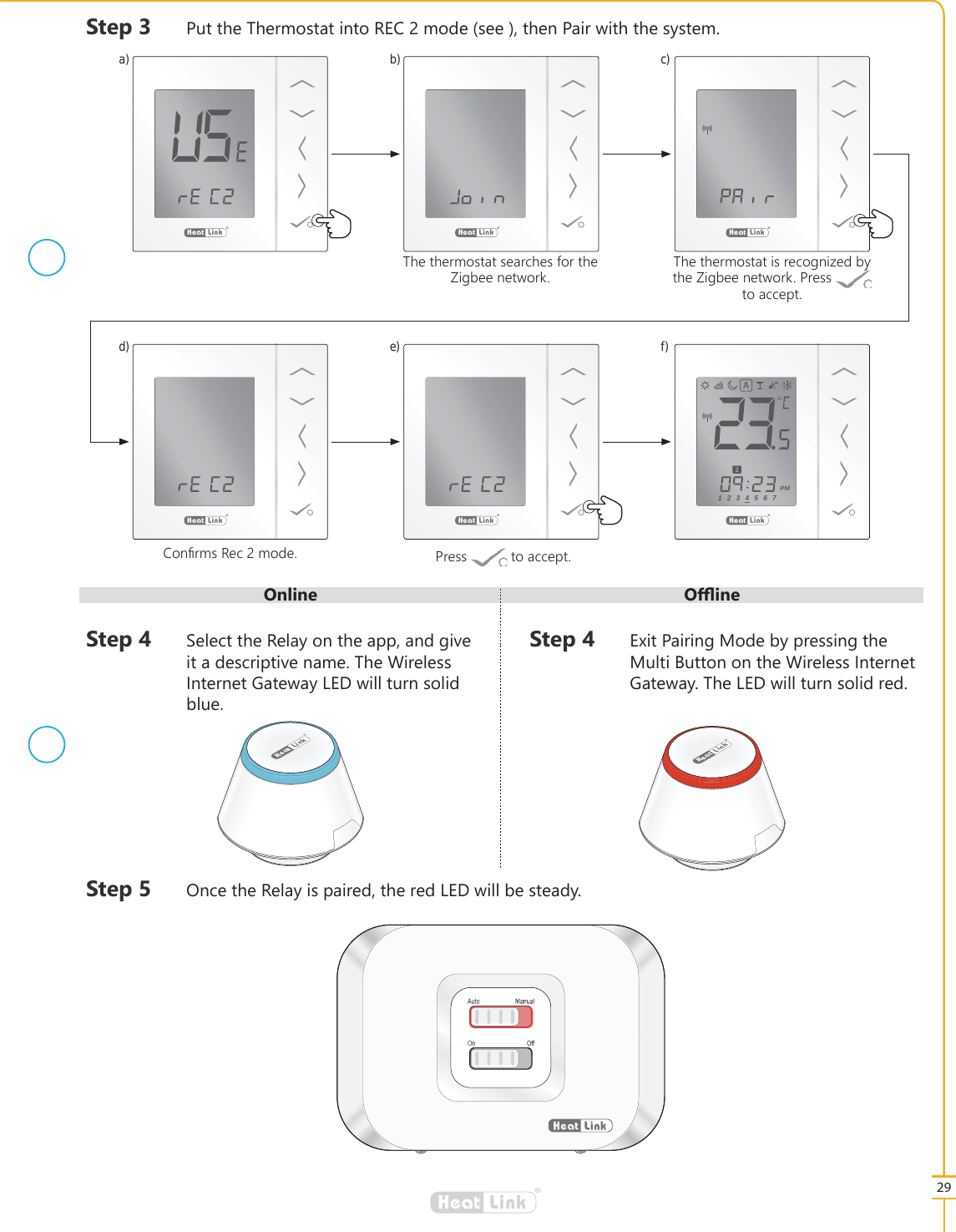2QOLQH 2෉LQH29&reg;LinkHeat&reg;LinkHeat&reg;LinkHeat&reg;LinkHeat&reg;LinkHeat1234567PM&reg;LinkHeat&reg;LinkHeat7KHWKHUPRVWDWLVUHFRJQL]HGE\WKH=LJEHHQHWZRUN3UHVV WRDFFHSW3UHVV WRDFFHSW&amp;RQ&Agrave;UPV5HFPRGH7KHWKHUPRVWDWVHDUFKHVIRUWKH=LJEHHQHWZRUNa)d)b)e)c)f)&reg;LinkHeat&reg;LinkHeatAuto ManualOn Off6WHS 3XWWKH7KHUPRVWDWLQWR5(&amp;PRGHVHHWKHQ3DLUZLWKWKHV\VWHP6WHS 6HOHFWWKH5HOD\RQWKHDSSDQGJLYHLWDGHVFULSWLYHQDPH7KH:LUHOHVV,QWHUQHW*DWHZD\/('ZLOOWXUQVROLGEOXH6WHS 2QFHWKH5HOD\LVSDLUHGWKHUHG/('ZLOOEHVWHDG\6WHS ([LW3DLULQJ0RGHE\SUHVVLQJWKH0XOWL%XWWRQRQWKH:LUHOHVV,QWHUQHW*DWHZD\7KH/('ZLOOWXUQVROLGUHG