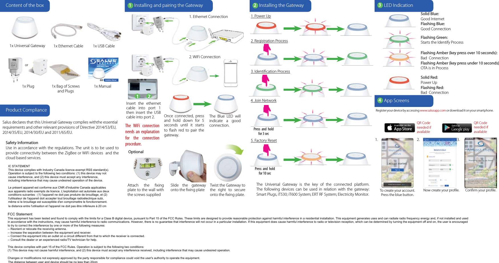 Content of the box Installing and pairing the GatewayProduct Compliance1x Universal Gateway 1x USB Cable1x Ethernet CableSalus declares that this Universal Gateway complies withthe essentialrequirements and other relevant provisions of Directive 2014/53/EU, 2014/35/EU, 2014/30/EU and 2011/65/EU..Safety InformationUse in accordance with the regulations. The unit is to be used toprovide connectivity between the ZigBee or WiFi devices  and thecloud based services.1LED Indication3The Universal Gateway is the key of the connected platform.The following devices can be used in relation with the gateway:Smart Plugs, iT530; iT600 System; ERT RF System; Electricity Monitor.Solid Red:Power UpFlashing Red:Bad ConnectionSolid Blue:Good InternetFlashing Blue:Good ConnectionFlashing Amber (key press over 10 seconds):Bad ConnectionFlashing Amber (key press under 10 seconds)OTA is in ProcessFlashing Green:Starts the Identify ProcessInstalling the Gateway2App ScreensTo create your account. Press the blue button.Now create your proﬁle.41. 2.Once connected, pressand hold down for 5seconds until it startsto ﬂash red to pair thegateway.Insert the ethernetcable into port 1then insert the USBcable into port 2.12Attach the ﬁxingplate to the wall withthe screws suppliedSlide the gatewayonto the ﬁxing plateTwist the Gateway tothe right to secureonto the ﬁxing plate.OptionalThe Blue LED willindicate a goodconnection.1. Power Up2. Registration Process3. Identiﬁcation Process4. Join NetworkPress and holdfor 3 sec5. Factory ResetPress and holdfor 10 secRegister your device by accessing www.salusapp.com or download it on your smartphone.QR Codeneeded if availableQR Codeneeded if available3.Conﬁrm your proﬁle.The WiFi connectionneeds an explanationfor the connectionprocedure.1. Ethernet Connection2. WiFi Connectionoror1x Bag of Screwsand Plugs1x Plug 1x ManualorFCC StatementThis equipment has been tested and found to comply with the limits for a Class B digital device, pursuant to Part 15 of the FCC Rules. These limits are designed to provide reasonable protection against harmful interference in a residential installation. This equipment generates uses and can radiate radio frequency energy and, if not installed and used in accordance with the instructions, may cause harmful interference to radio communications. However, there is no guarantee that interference will not occur in a particular installation. If this equipment does cause harmful interference to radio or television reception, which can be determined by turning the equipment off and on, the user is encouraged to try to correct the interference by one or more of the following measures:-- Reorient or relocate the receiving antenna.  -- Increase the separation between the equipment and receiver.   -- Connect the equipment into an outlet on a circuit different from that to which the receiver is connected.  -- Consult the dealer or an experienced radio/TV technician for help.This device complies with part 15 of the FCC Rules. Operation is subject to the following two conditions:(1) This device may not cause harmful interference, and (2) this device must accept any interference received, including interference that may cause undesired operation. Changes or modifications not expressly approved by the party responsible for compliance could void the user's authority to operate the equipment.IC STATEMENTThis device complies with Industry Canada licence-exempt RSS standard(s). Operation is subject to the following two conditions: (1) this device may not cause interference, and (2) this device must accept any interference, including interference that may cause undesired operation of the device.Le pr&eacute;sent appareil est conforme aux CNR d'Industrie Canada applicables aux appareils radio exempts de licence. L'exploitation est autoris&eacute;e aux deux conditions suivantes : (1) l'appareil ne doit pas produire de brouillage, et (2) l'utilisateur de l'appareil doit accepter tout brouillage radio&eacute;lectrique subi, m&ecirc;me si le brouillage est susceptible d'en compromettre le fonctionnement.la distance entre l'utilisation et l'appareil ne doit pas &ecirc;tre inf&eacute;rieure &agrave; 20 cmThe distance between use and device should be no less than 20cmThe distance between user and device should be no less than 20cm