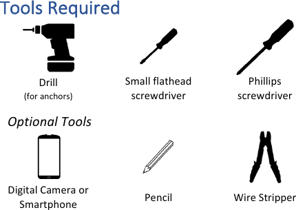 Tools&amp;Required&amp;!!!Drill!(for!anchors)!Small!flathead!screwdriver!Phillips!screwdriver!Optional)Tools)!!!Digital!Camera!or!Smartphone!Pencil!Wire!Stripper!