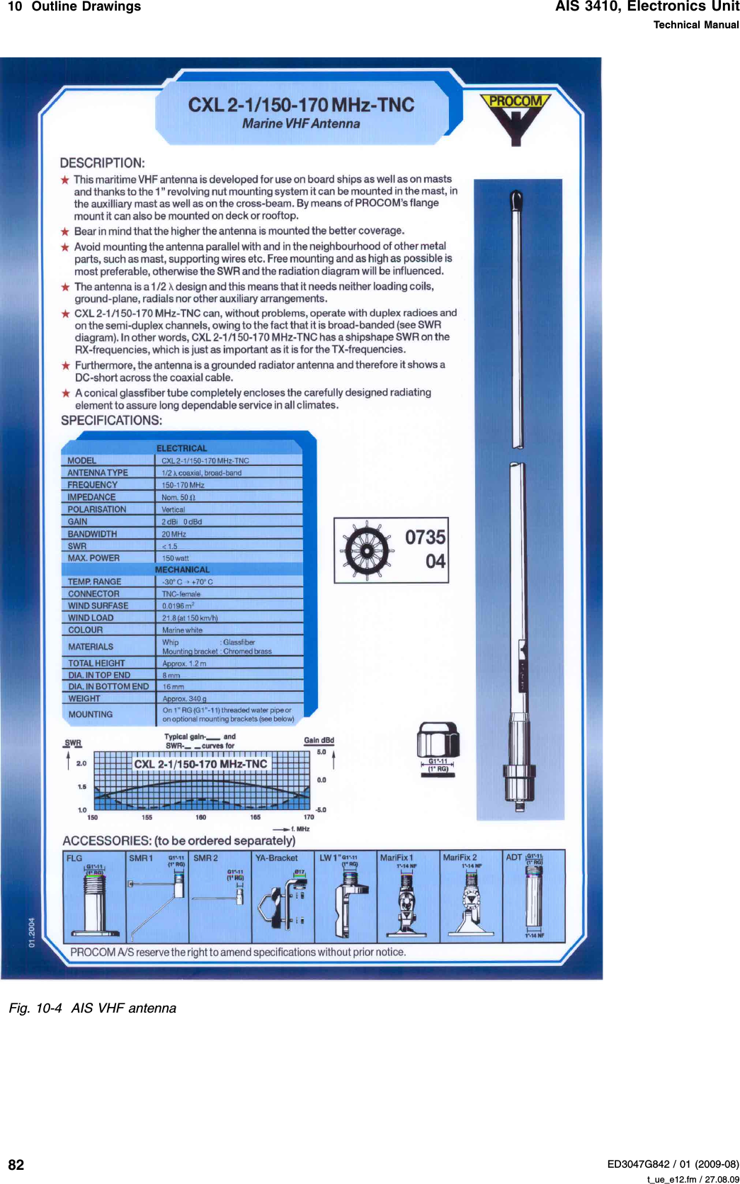 AIS 3410, Electronics UnitED3047G842 / 01 (2009-08)Technical Manual10  Outline Drawings   t_ue_e12.fm / 27.08.0982Fig. 10-4 AIS VHF antenna