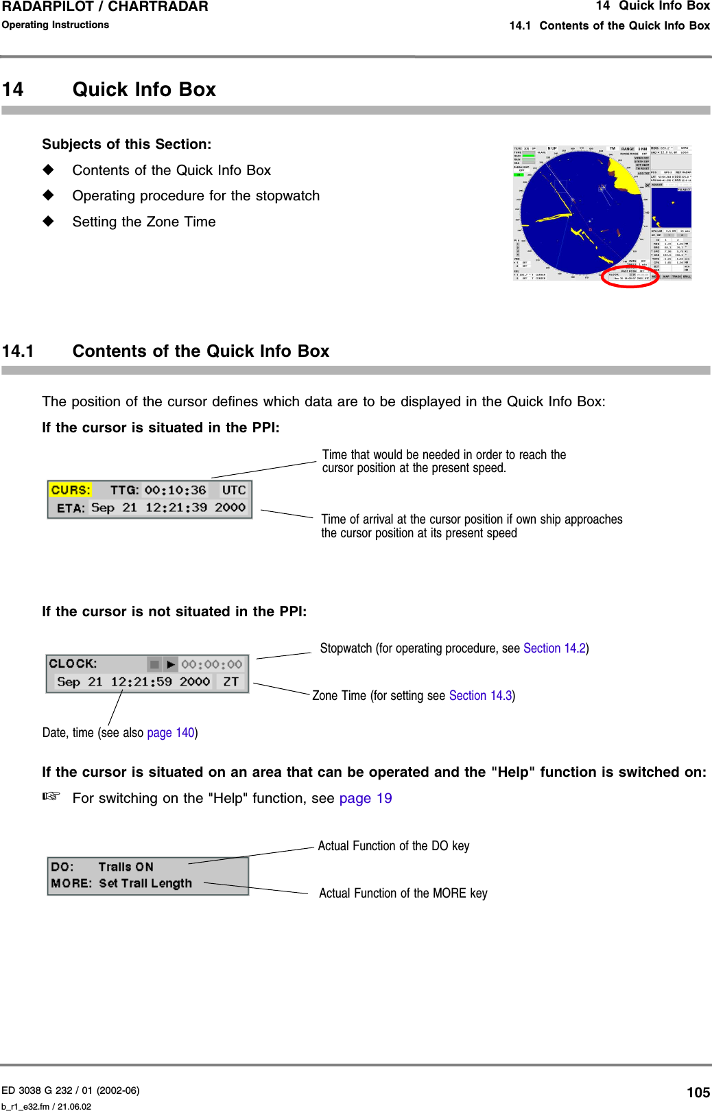 ED 3038 G 232 / 01 (2002-06) Operating Instructions14  Quick Info Box14.1  Contents of the Quick Info Boxb_r1_e32.fm / 21.06.02105RADARPILOT / CHARTRADAR 14 Quick Info BoxSubjects of this Section: ◆Contents of the Quick Info Box◆Operating procedure for the stopwatch◆Setting the Zone Time14.1 Contents of the Quick Info BoxThe position of the cursor defines which data are to be displayed in the Quick Info Box:If the cursor is situated in the PPI:If the cursor is not situated in the PPI:If the cursor is situated on an area that can be operated and the &quot;Help&quot; function is switched on:☞For switching on the &quot;Help&quot; function, see page 19Time that would be needed in order to reach the cursor position at the present speed.Time of arrival at the cursor position if own ship approaches the cursor position at its present speedStopwatch (for operating procedure, see Section 14.2)Date, time (see also page 140)Zone Time (for setting see Section 14.3)Actual Function of the MORE keyActual Function of the DO key