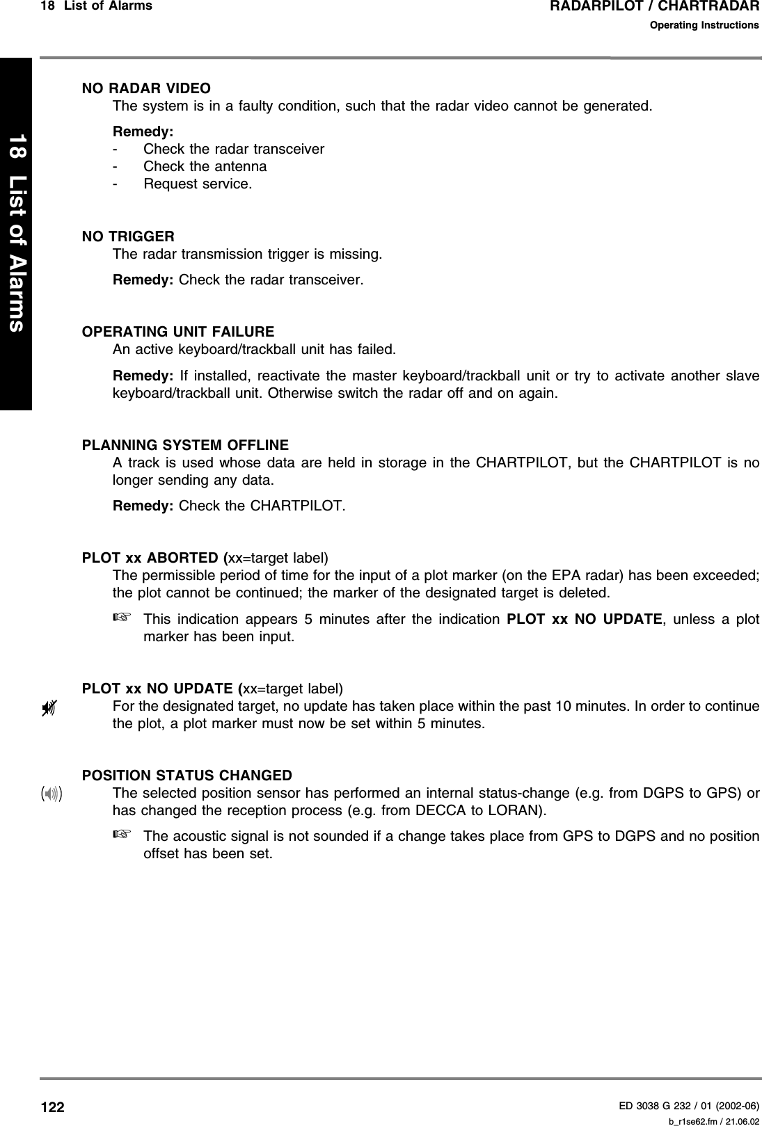 RADARPILOT / CHARTRADARED 3038 G 232 / 01 (2002-06)Operating Instructions18  List of Alarms   b_r1se62.fm / 21.06.0212218  List of AlarmsNO RADAR VIDEOThe system is in a faulty condition, such that the radar video cannot be generated.Remedy:- Check the radar transceiver- Check the antenna- Request service.NO TRIGGERThe radar transmission trigger is missing.Remedy: Check the radar transceiver.OPERATING UNIT FAILUREAn active keyboard/trackball unit has failed.Remedy: If installed, reactivate the master keyboard/trackball unit or try to activate another slavekeyboard/trackball unit. Otherwise switch the radar off and on again.PLANNING SYSTEM OFFLINEA track is used whose data are held in storage in the CHARTPILOT, but the CHARTPILOT is nolonger sending any data.Remedy: Check the CHARTPILOT.PLOT xx ABORTED (xx=target label) The permissible period of time for the input of a plot marker (on the EPA radar) has been exceeded;the plot cannot be continued; the marker of the designated target is deleted.☞This indication appears 5 minutes after the indication PLOT xx NO UPDATE, unless a plotmarker has been input.PLOT xx NO UPDATE (xx=target label) For the designated target, no update has taken place within the past 10 minutes. In order to continuethe plot, a plot marker must now be set within 5 minutes.POSITION STATUS CHANGEDThe selected position sensor has performed an internal status-change (e.g. from DGPS to GPS) orhas changed the reception process (e.g. from DECCA to LORAN).☞The acoustic signal is not sounded if a change takes place from GPS to DGPS and no positionoffset has been set.