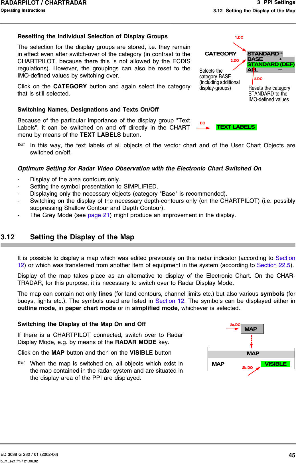 ED 3038 G 232 / 01 (2002-06) Operating Instructions3  PPI Settings3.12  Setting the Display of the Mapb_r1_e21.fm / 21.06.0245RADARPILOT / CHARTRADAR Resetting the Individual Selection of Display GroupsThe selection for the display groups are stored, i.e. they remainin effect even after switch-over of the category (in contrast to theCHARTPILOT, because there this is not allowed by the ECDISregulations). However, the groupings can also be reset to theIMO-defined values by switching over.Click on the CATEGORY button and again select the categorythat is still selected.Switching Names, Designations and Texts On/OffBecause of the particular importance of the display group &quot;TextLabels&quot;, it can be switched on and off directly in the CHARTmenu by means of the TEXT LABELS button. ☞In this way, the text labels of all objects of the vector chart and of the User Chart Objects areswitched on/off.Optimum Setting for Radar Video Observation with the Electronic Chart Switched On- Display of the area contours only.- Setting the symbol presentation to SIMPLIFIED.- Displaying only the necessary objects (category &quot;Base&quot; is recommended).- Switching on the display of the necessary depth-contours only (on the CHARTPILOT) (i.e. possiblysuppressing Shallow Contour and Depth Contour).- The Grey Mode (see page 21) might produce an improvement in the display.3.12 Setting the Display of the Map It is possible to display a map which was edited previously on this radar indicator (according to Section12) or which was transferred from another item of equipment in the system (according to Section 22.5).Display of the map takes place as an alternative to display of the Electronic Chart. On the CHAR-TRADAR, for this purpose, it is necessary to switch over to Radar Display Mode.The map can contain not only lines (for land contours, channel limits etc.) but also various symbols (forbuoys, lights etc.). The symbols used are listed in Section 12. The symbols can be displayed either inoutline mode, in paper chart mode or in simplified mode, whichever is selected.Switching the Display of the Map On and OffIf there is a CHARTPILOT connected, switch over to RadarDisplay Mode, e.g. by means of the RADAR MODE key.Click on the MAP button and then on the VISIBLE button☞When the map is switched on, all objects which exist inthe map contained in the radar system and are situated inthe display area of the PPI are displayed.CATEGORY STANDARDBASESTANDARD (DEF)ALL2.DO2.DO–++Resets the category STANDARD to the IMO-defined valuesSelects the category BASE (including additional display-groups)1.DODOTEXT LABELSMAP2a.DO2b.DOMAPMAP VISIBLE