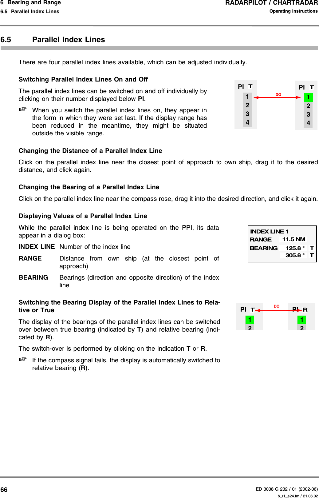 RADARPILOT / CHARTRADARED 3038 G 232 / 01 (2002-06)Operating Instructions6  Bearing and Range6.5  Parallel Index Lines b_r1_e24.fm / 21.06.02666.5 Parallel Index LinesThere are four parallel index lines available, which can be adjusted individually.Switching Parallel Index Lines On and OffThe parallel index lines can be switched on and off individually byclicking on their number displayed below PI.☞When you switch the parallel index lines on, they appear inthe form in which they were set last. If the display range hasbeen reduced in the meantime, they might be situatedoutside the visible range.Changing the Distance of a Parallel Index LineClick on the parallel index line near the closest point of approach to own ship, drag it to the desireddistance, and click again.Changing the Bearing of a Parallel Index LineClick on the parallel index line near the compass rose, drag it into the desired direction, and click it again.Displaying Values of a Parallel Index LineWhile the parallel index line is being operated on the PPI, its dataappear in a dialog box:INDEX LINE Number of the index lineRANGE Distance from own ship (at the closest point ofapproach)BEARING Bearings (direction and opposite direction) of the indexlineSwitching the Bearing Display of the Parallel Index Lines to Rela-tive or TrueThe display of the bearings of the parallel index lines can be switchedover between true bearing (indicated by T) and relative bearing (indi-cated by R).The switch-over is performed by clicking on the indication T or R.☞If the compass signal fails, the display is automatically switched torelative bearing (R).PI1342PI324DO 1TTBEARINGINDEX LINE 1RANGET11.5 NMT125.8 °305.8 °DO PI21RPI21T