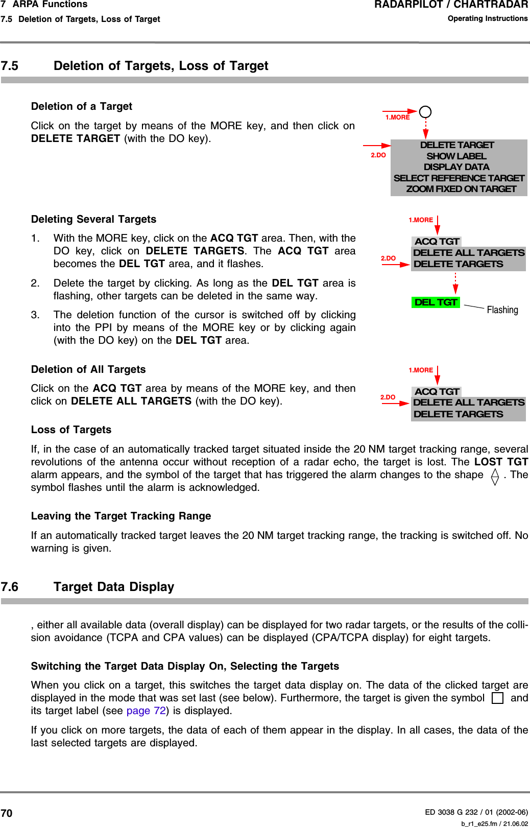 RADARPILOT / CHARTRADARED 3038 G 232 / 01 (2002-06)Operating Instructions7  ARPA Functions7.5  Deletion of Targets, Loss of Target b_r1_e25.fm / 21.06.02707.5 Deletion of Targets, Loss of TargetDeletion of a TargetClick on the target by means of the MORE key, and then click onDELETE TARGET (with the DO key).Deleting Several Targets1. With the MORE key, click on the ACQ TGT area. Then, with theDO key, click on DELETE TARGETS. The ACQ TGT areabecomes the DEL TGT area, and it flashes.2. Delete the target by clicking. As long as the DEL TGT area isflashing, other targets can be deleted in the same way.3. The deletion function of the cursor is switched off by clickinginto the PPI by means of the MORE key or by clicking again(with the DO key) on the DEL TGT area.Deletion of All TargetsClick on the ACQ TGT area by means of the MORE key, and thenclick on DELETE ALL TARGETS (with the DO key).Loss of TargetsIf, in the case of an automatically tracked target situated inside the 20 NM target tracking range, severalrevolutions of the antenna occur without reception of a radar echo, the target is lost. The LOST TGTalarm appears, and the symbol of the target that has triggered the alarm changes to the shape  . Thesymbol flashes until the alarm is acknowledged.Leaving the Target Tracking RangeIf an automatically tracked target leaves the 20 NM target tracking range, the tracking is switched off. Nowarning is given.7.6 Target Data Display, either all available data (overall display) can be displayed for two radar targets, or the results of the colli-sion avoidance (TCPA and CPA values) can be displayed (CPA/TCPA display) for eight targets. Switching the Target Data Display On, Selecting the TargetsWhen you click on a target, this switches the target data display on. The data of the clicked target aredisplayed in the mode that was set last (see below). Furthermore, the target is given the symbol   andits target label (see page 72) is displayed.If you click on more targets, the data of each of them appear in the display. In all cases, the data of thelast selected targets are displayed.DELETE TARGET1.MORE2.DOSELECT REFERENCE TARGETSHOW LABELDISPLAY DATAZOOM FIXED ON TARGET1.MOREACQ TGTDELETE TARGETS2.DODELETE ALL TARGETSDEL TGTFlashing1.MOREACQ TGTDELETE TARGETS2.DODELETE ALL TARGETS