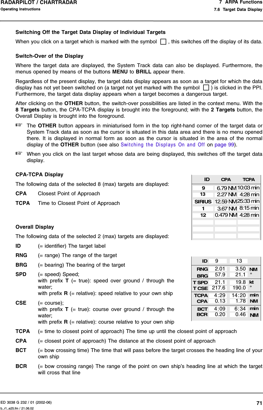 ED 3038 G 232 / 01 (2002-06) Operating Instructions7  ARPA Functions7.6  Target Data Displayb_r1_e25.fm / 21.06.0271RADARPILOT / CHARTRADAR Switching Off the Target Data Display of Individual TargetsWhen you click on a target which is marked with the symbol  , this switches off the display of its data.Switch-Over of the DisplayWhere the target data are displayed, the System Track data can also be displayed. Furthermore, themenus opened by means of the buttons MENU to BRILL appear there.Regardless of the present display, the target data display appears as soon as a target for which the datadisplay has not yet been switched on (a target not yet marked with the symbol  ) is clicked in the PPI.Furthermore, the target data display appears when a target becomes a dangerous target.After clicking on the OTHER button, the switch-over possibilities are listed in the context menu. With the8 Targets button, the CPA-TCPA display is brought into the foreground; with the 2 Targets button, theOverall Display is brought into the foreground.☞The OTHER button appears in miniaturised form in the top right-hand corner of the target data orSystem Track data as soon as the cursor is situated in this data area and there is no menu openedthere. It is displayed in normal form as soon as the cursor is situated in the area of the normaldisplay of the OTHER button (see also Switching the Displays On and Off on page 99).☞When you click on the last target whose data are being displayed, this switches off the target datadisplay.CPA-TCPA DisplayThe following data of the selected 8 (max) targets are displayed:CPA Closest Point of ApproachTCPA Time to Closest Point of ApproachOverall DisplayThe following data of the selected 2 (max) targets are displayed:ID (= identifier) The target labelRNG (= range) The range of the targetBRG (= bearing) The bearing of the targetSPD (= speed) Speed;with prefix T (= true): speed over ground / through thewater;with prefix R (= relative): speed relative to your own shipCSE (= course);with prefix T (= true): course over ground / through thewater;with prefix R (= relative): course relative to your own shipTCPA (= time to closest point of approach) The time up until the closest point of approachCPA (= closest point of approach) The distance at the closest point of approachBCT (= bow crossing time) The time that will pass before the target crosses the heading line of yourown shipBCR (= bow crossing range) The range of the point on own ship’s heading line at which the targetwill cross that lineCPATCPA2.27 NM 4:28 min6.79 NM 10:03 min3.67 NM 8:15 min12.59 NM25:33 min0.479 NM 4:28 minID1391SIRIUS12IDBCR21.1BCT3.50CPA190.0TCPA19.8T SPD14:20T CSE1.78RNG6:34BRG0.46NMminkt°NMNM°min57.92.01217.621.14:290.134:090.20139