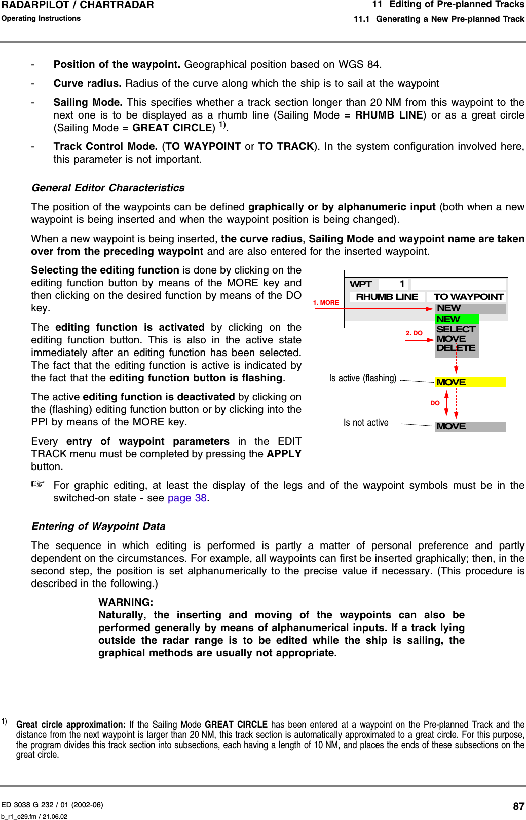 ED 3038 G 232 / 01 (2002-06) Operating Instructions11  Editing of Pre-planned Tracks11.1  Generating a New Pre-planned Trackb_r1_e29.fm / 21.06.0287RADARPILOT / CHARTRADAR -Position of the waypoint. Geographical position based on WGS 84.-Curve radius. Radius of the curve along which the ship is to sail at the waypoint-Sailing Mode. This specifies whether a track section longer than 20 NM from this waypoint to thenext one is to be displayed as a rhumb line (Sailing Mode = RHUMB LINE) or as a great circle(Sailing Mode = GREAT CIRCLE) 1).-Track Control Mode. (TO WAYPOINT or TO TRACK). In the system configuration involved here,this parameter is not important. General Editor CharacteristicsThe position of the waypoints can be defined graphically or by alphanumeric input (both when a newwaypoint is being inserted and when the waypoint position is being changed).When a new waypoint is being inserted, the curve radius, Sailing Mode and waypoint name are takenover from the preceding waypoint and are also entered for the inserted waypoint.Selecting the editing function is done by clicking on theediting function button by means of the MORE key andthen clicking on the desired function by means of the DOkey.The  editing function is activated by clicking on theediting function button. This is also in the active stateimmediately after an editing function has been selected.The fact that the editing function is active is indicated bythe fact that the editing function button is flashing.The active editing function is deactivated by clicking onthe (flashing) editing function button or by clicking into thePPI by means of the MORE key.Every  entry of waypoint parameters in the EDITTRACK menu must be completed by pressing the APPLYbutton. ☞For graphic editing, at least the display of the legs and of the waypoint symbols must be in theswitched-on state - see page 38.Entering of Waypoint DataThe sequence in which editing is performed is partly a matter of personal preference and partlydependent on the circumstances. For example, all waypoints can first be inserted graphically; then, in thesecond step, the position is set alphanumerically to the precise value if necessary. (This procedure isdescribed in the following.) WARNING:Naturally, the inserting and moving of the waypoints can also beperformed generally by means of alphanumerical inputs. If a track lyingoutside the radar range is to be edited while the ship is sailing, thegraphical methods are usually not appropriate.1)   Great circle approximation: If the Sailing Mode GREAT CIRCLE has been entered at a waypoint on the Pre-planned Track and thedistance from the next waypoint is larger than 20 NM, this track section is automatically approximated to a great circle. For this purpose,the program divides this track section into subsections, each having a length of 10 NM, and places the ends of these subsections on thegreat circle. RHUMB LINE TO WAYPOINTWPT1NEW1. MORENEWSELECTMOVEDELETEDOMOVEIs active (flashing)2. DOMOVEIs not active