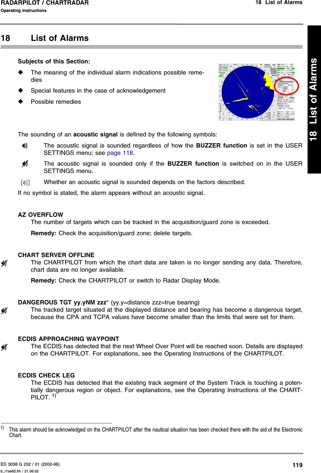 ED 3038 G 232 / 01 (2002-06) Operating Instructions18  List of Alarmsb_r1se62.fm / 21.06.02119RADARPILOT / CHARTRADAR18  List of Alarms18 List of AlarmsSubjects of this Section: ◆The meaning of the individual alarm indications possible reme-dies◆Special features in the case of acknowledgement◆Possible remediesThe sounding of an acoustic signal is defined by the following symbols:  The acoustic signal is sounded regardless of how the BUZZER function is set in the USERSETTINGS menu; see page 118.  The acoustic signal is sounded only if the BUZZER function is switched on in the USERSETTINGS menu.Whether an acoustic signal is sounded depends on the factors described.If no symbol is stated, the alarm appears without an acoustic signal.AZ OVERFLOW The number of targets which can be tracked in the acquisition/guard zone is exceeded.Remedy: Check the acquisition/guard zone; delete targets.CHART SERVER OFFLINEThe CHARTPILOT from which the chart data are taken is no longer sending any data. Therefore,chart data are no longer available.Remedy: Check the CHARTPILOT or switch to Radar Display Mode.DANGEROUS TGT yy.yNM zzz° (yy.y=distance zzz=true bearing)The tracked target situated at the displayed distance and bearing has become a dangerous target,because the CPA and TCPA values have become smaller than the limits that were set for them.ECDIS APPROACHING WAYPOINTThe ECDIS has detected that the next Wheel Over Point will be reached soon. Details are displayedon the CHARTPILOT. For explanations, see the Operating Instructions of the CHARTPILOT.ECDIS CHECK LEGThe ECDIS has detected that the existing track segment of the System Track is touching a poten-tially dangerous region or object. For explanations, see the Operating Instructions of the CHART-PILOT. 1)1)  This alarm should be acknowledged on the CHARTPILOT after the nautical situation has been checked there with the aid of the ElectronicChart.