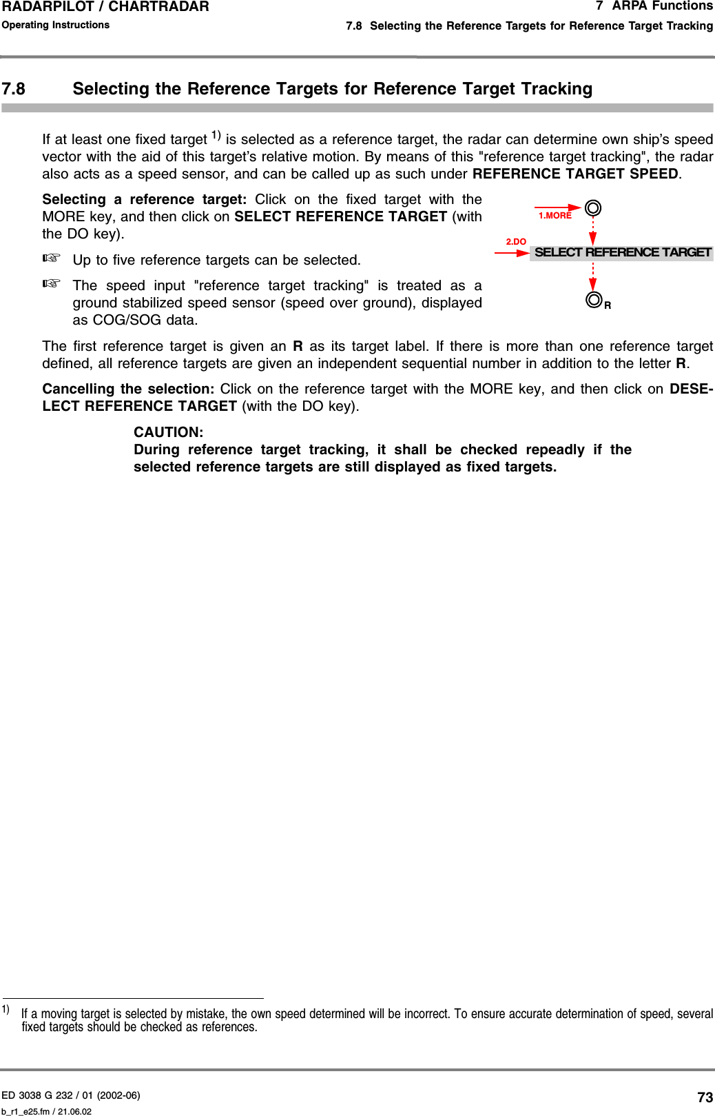 ED 3038 G 232 / 01 (2002-06) Operating Instructions7  ARPA Functions7.8  Selecting the Reference Targets for Reference Target Trackingb_r1_e25.fm / 21.06.0273RADARPILOT / CHARTRADAR 7.8 Selecting the Reference Targets for Reference Target TrackingIf at least one fixed target 1) is selected as a reference target, the radar can determine own ship’s speedvector with the aid of this target’s relative motion. By means of this &quot;reference target tracking&quot;, the radaralso acts as a speed sensor, and can be called up as such under REFERENCE TARGET SPEED.Selecting a reference target: Click on the fixed target with theMORE key, and then click on SELECT REFERENCE TARGET (withthe DO key).☞Up to five reference targets can be selected.☞The speed input &quot;reference target tracking&quot; is treated as aground stabilized speed sensor (speed over ground), displayedas COG/SOG data.The first reference target is given an R as its target label. If there is more than one reference targetdefined, all reference targets are given an independent sequential number in addition to the letter R.Cancelling the selection: Click on the reference target with the MORE key, and then click on DESE-LECT REFERENCE TARGET (with the DO key).CAUTION:During reference target tracking, it shall be checked repeadly if theselected reference targets are still displayed as fixed targets.1)  If a moving target is selected by mistake, the own speed determined will be incorrect. To ensure accurate determination of speed, severalfixed targets should be checked as references.SELECT REFERENCE TARGET1.MORE2.DOR