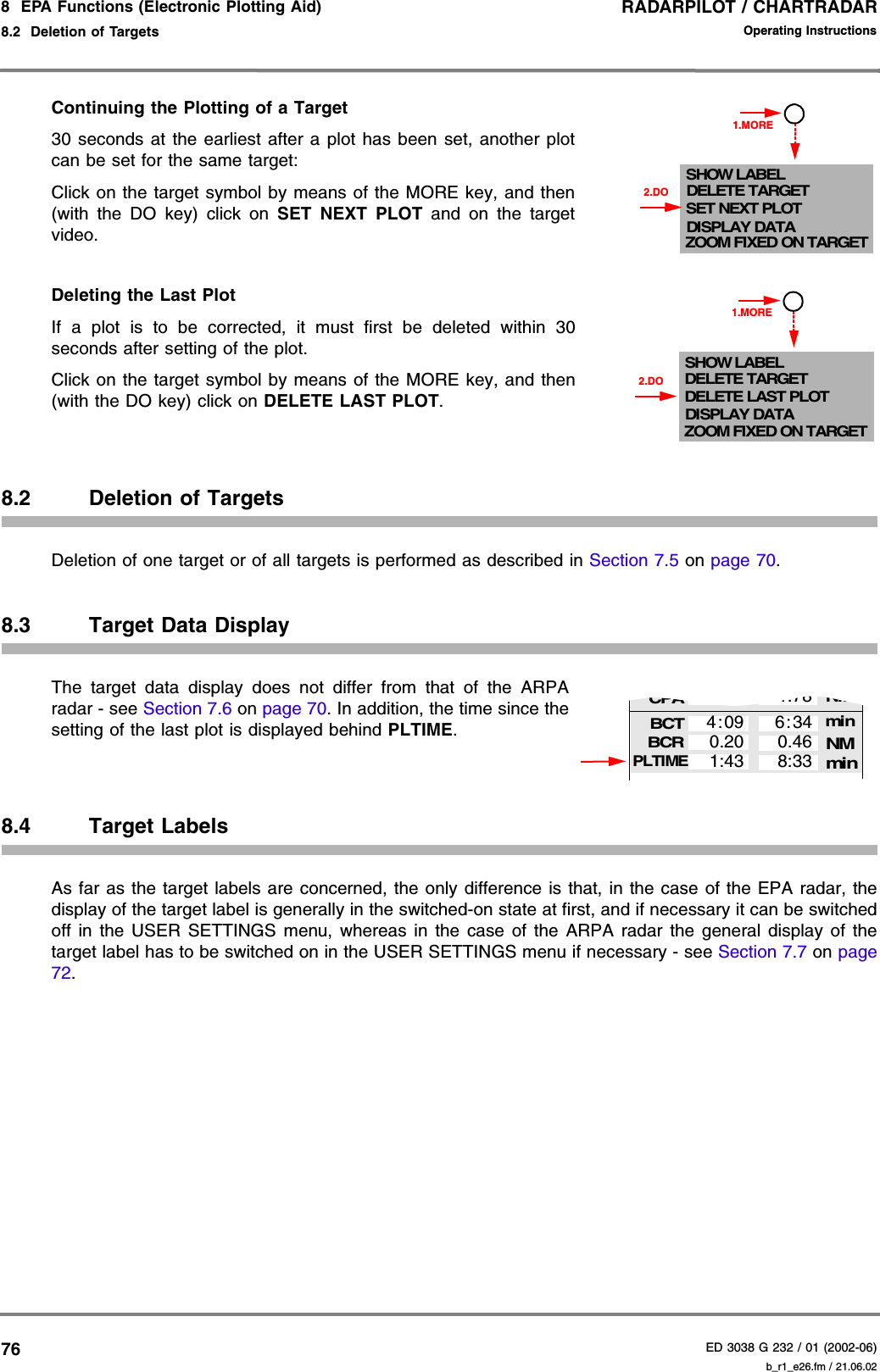 RADARPILOT / CHARTRADARED 3038 G 232 / 01 (2002-06)Operating Instructions8  EPA Functions (Electronic Plotting Aid)8.2  Deletion of Targets b_r1_e26.fm / 21.06.0276Continuing the Plotting of a Target30 seconds at the earliest after a plot has been set, another plotcan be set for the same target:Click on the target symbol by means of the MORE key, and then(with the DO key) click on SET NEXT PLOT and on the targetvideo.Deleting the Last PlotIf a plot is to be corrected, it must first be deleted within 30seconds after setting of the plot.Click on the target symbol by means of the MORE key, and then(with the DO key) click on DELETE LAST PLOT.8.2 Deletion of TargetsDeletion of one target or of all targets is performed as described in Section 7.5 on page 70.8.3 Target Data DisplayThe target data display does not differ from that of the ARPAradar - see Section 7.6 on page 70. In addition, the time since thesetting of the last plot is displayed behind PLTIME.8.4 Target LabelsAs far as the target labels are concerned, the only difference is that, in the case of the EPA radar, thedisplay of the target label is generally in the switched-on state at first, and if necessary it can be switchedoff in the USER SETTINGS menu, whereas in the case of the ARPA radar the general display of thetarget label has to be switched on in the USER SETTINGS menu if necessary - see Section 7.7 on page72.SHOW LABELDISPLAY DATADELETE TARGETSET NEXT PLOT1.MORE2.DOZOOM FIXED ON TARGETDISPLAY DATADELETE TARGETDELETE LAST PLOT1.MORE2.DOZOOM FIXED ON TARGETSHOW LABELBCRBCTCPA1.786:340.46NMNMmin0.134:090.20PLTIME8:33min1:43