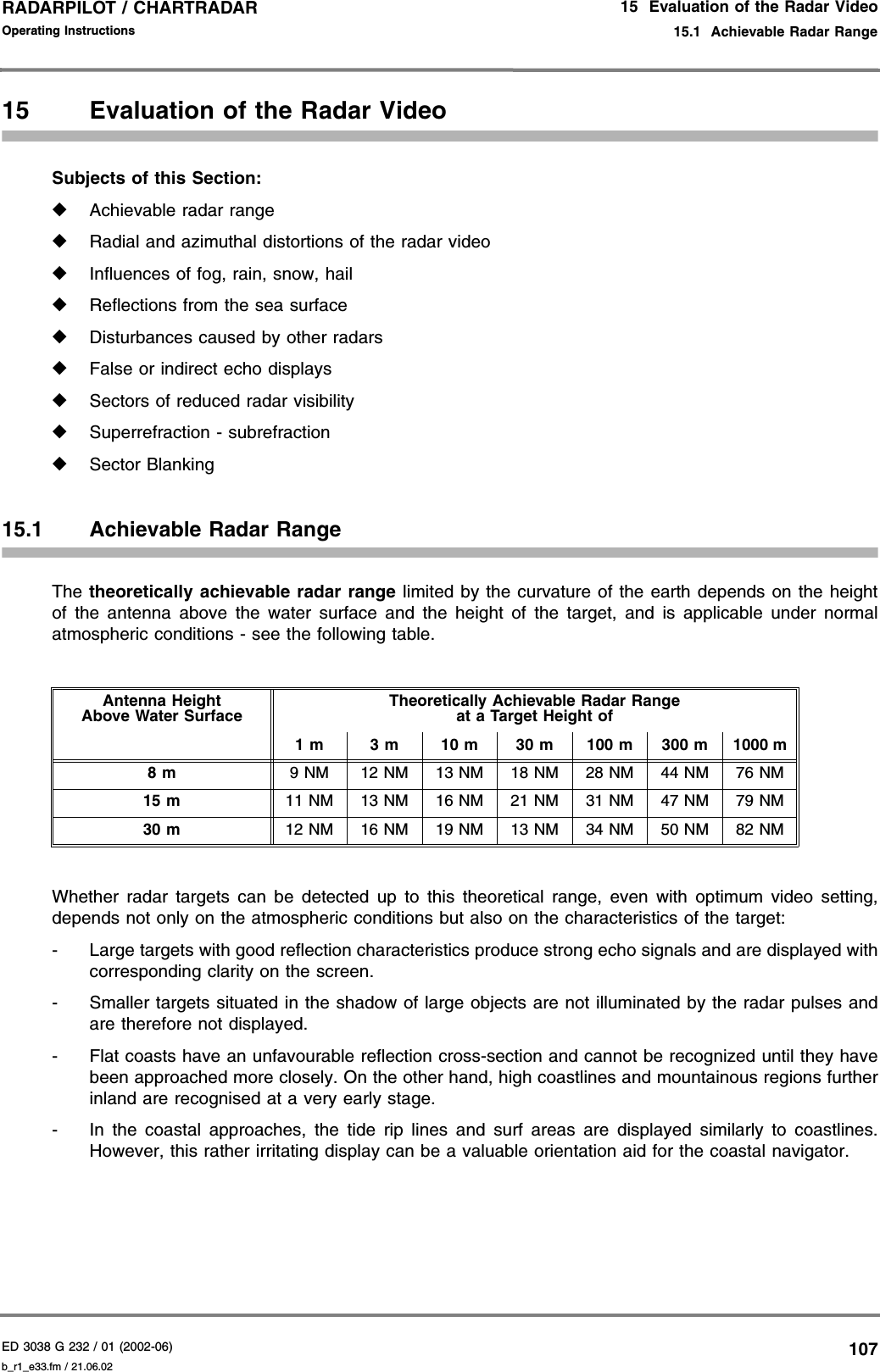 ED 3038 G 232 / 01 (2002-06) Operating Instructions15  Evaluation of the Radar Video15.1  Achievable Radar Rangeb_r1_e33.fm / 21.06.02107RADARPILOT / CHARTRADAR 15 Evaluation of the Radar VideoSubjects of this Section:◆Achievable radar range◆Radial and azimuthal distortions of the radar video◆Influences of fog, rain, snow, hail ◆Reflections from the sea surface◆Disturbances caused by other radars◆False or indirect echo displays◆Sectors of reduced radar visibility◆Superrefraction - subrefraction◆Sector Blanking15.1 Achievable Radar RangeThe theoretically achievable radar range limited by the curvature of the earth depends on the heightof the antenna above the water surface and the height of the target, and is applicable under normalatmospheric conditions - see the following table.Whether radar targets can be detected up to this theoretical range, even with optimum video setting,depends not only on the atmospheric conditions but also on the characteristics of the target:- Large targets with good reflection characteristics produce strong echo signals and are displayed withcorresponding clarity on the screen.- Smaller targets situated in the shadow of large objects are not illuminated by the radar pulses andare therefore not displayed.- Flat coasts have an unfavourable reflection cross-section and cannot be recognized until they havebeen approached more closely. On the other hand, high coastlines and mountainous regions furtherinland are recognised at a very early stage.- In the coastal approaches, the tide rip lines and surf areas are displayed similarly to coastlines.However, this rather irritating display can be a valuable orientation aid for the coastal navigator.Antenna Height Above Water SurfaceTheoretically Achievable Radar Rangeat a Target Height of1 m 3 m 10 m 30 m 100 m 300 m 1000 m8 m 9 NM 12 NM 13 NM 18 NM 28 NM 44 NM 76 NM15 m 11 NM 13 NM 16 NM 21 NM 31 NM 47 NM 79 NM30 m 12 NM 16 NM 19 NM 13 NM 34 NM 50 NM 82 NM