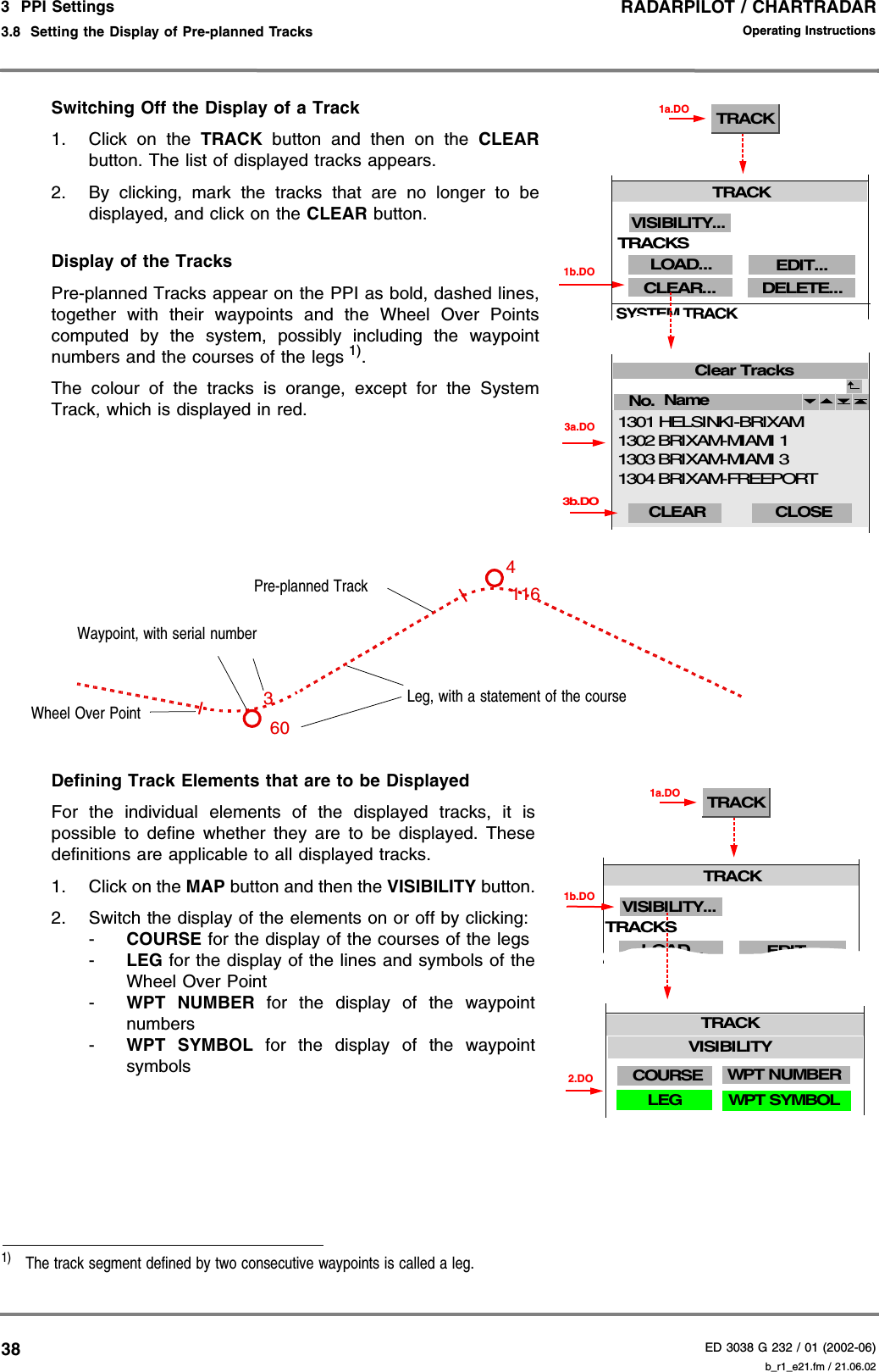 RADARPILOT / CHARTRADARED 3038 G 232 / 01 (2002-06)Operating Instructions3  PPI Settings3.8  Setting the Display of Pre-planned Tracks b_r1_e21.fm / 21.06.0238Switching Off the Display of a Track1. Click on the TRACK button and then on the CLEARbutton. The list of displayed tracks appears.2. By clicking, mark the tracks that are no longer to bedisplayed, and click on the CLEAR button.Display of the TracksPre-planned Tracks appear on the PPI as bold, dashed lines,together with their waypoints and the Wheel Over Pointscomputed by the system, possibly including the waypointnumbers and the courses of the legs 1).The colour of the tracks is orange, except for the SystemTrack, which is displayed in red.Defining Track Elements that are to be DisplayedFor the individual elements of the displayed tracks, it ispossible to define whether they are to be displayed. Thesedefinitions are applicable to all displayed tracks.1. Click on the MAP button and then the VISIBILITY button.2. Switch the display of the elements on or off by clicking:-COURSE for the display of the courses of the legs-LEG for the display of the lines and symbols of theWheel Over Point-WPT NUMBER for the display of the waypointnumbers-WPT SYMBOL for the display of the waypointsymbols1)  The track segment defined by two consecutive waypoints is called a leg.Clear TracksNo. 3a.DOName 3b.DOCLEAR  CLOSE BRIXAM-MIAMI 1BRIXAM-MIAMI 3BRIXAM-FREEPORT130213031304HELSINKI-BRIXAM1301TRACK1a.DO1b.DOTRACKCLEAR...LOAD...SYSTEM TRACKDELETE...EDIT...VISIBILITY...TRACKSWheel Over Point4Leg, with a statement of the course360Waypoint, with serial number116Pre-planned Track2.DOTRACK1a.DOTRACKLOAD...EDIT...VISIBILITY...1b.DOTRACKWPT NUMBERCOURSELEG WPT SYMBOLVISIBILITYTRACKS