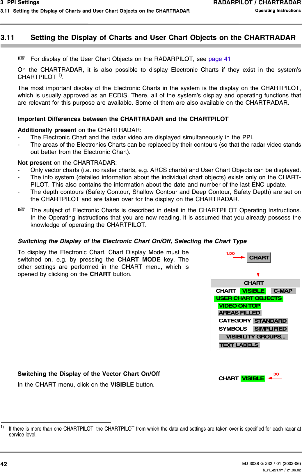 RADARPILOT / CHARTRADARED 3038 G 232 / 01 (2002-06)Operating Instructions3  PPI Settings3.11  Setting the Display of Charts and User Chart Objects on the CHARTRADAR b_r1_e21.fm / 21.06.02423.11 Setting the Display of Charts and User Chart Objects on the CHARTRADAR☞For display of the User Chart Objects on the RADARPILOT, see page 41On the CHARTRADAR, it is also possible to display Electronic Charts if they exist in the system’sCHARTPILOT 1).The most important display of the Electronic Charts in the system is the display on the CHARTPILOT,which is usually approved as an ECDIS. There, all of the system’s display and operating functions thatare relevant for this purpose are available. Some of them are also available on the CHARTRADAR.Important Differences between the CHARTRADAR and the CHARTPILOTAdditionally present on the CHARTRADAR:- The Electronic Chart and the radar video are displayed simultaneously in the PPI.- The areas of the Electronics Charts can be replaced by their contours (so that the radar video standsout better from the Electronic Chart).Not present on the CHARTRADAR:- Only vector charts (i.e. no raster charts, e.g. ARCS charts) and User Chart Objects can be displayed.- The info system (detailed information about the individual chart objects) exists only on the CHART-PILOT. This also contains the information about the date and number of the last ENC update.- The depth contours (Safety Contour, Shallow Contour and Deep Contour, Safety Depth) are set onthe CHARTPILOT and are taken over for the display on the CHARTRADAR.☞The subject of Electronic Charts is described in detail in the CHARTPILOT Operating Instructions.In the Operating Instructions that you are now reading, it is assumed that you already possess theknowledge of operating the CHARTPILOT.Switching the Display of the Electronic Chart On/Off, Selecting the Chart TypeTo display the Electronic Chart, Chart Display Mode must beswitched on, e.g. by pressing the CHART MODE key. Theother settings are performed in the CHART menu, which isopened by clicking on the CHART button. Switching the Display of the Vector Chart On/Off In the CHART menu, click on the VISIBLE button.1)  If there is more than one CHARTPILOT, the CHARTPILOT from which the data and settings are taken over is specified for each radar atservice level.CHART1.DOCHARTVISIBILITY GROUPS...USER CHART OBJECTSSIMPLIFIEDC-MAPSYMBOLSCHARTVIDEO ON TOPSTANDARDCATEGORYAREAS FILLEDVISIBLETEXT LABELSCHARTDOVISIBLE