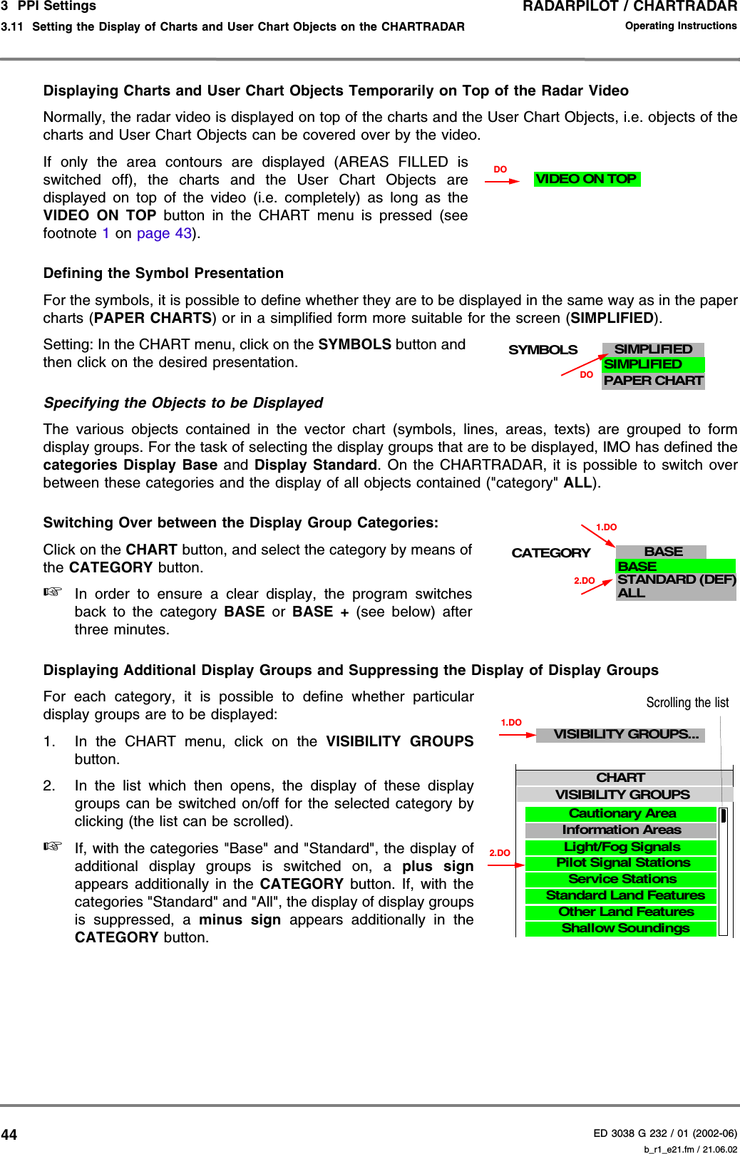 RADARPILOT / CHARTRADARED 3038 G 232 / 01 (2002-06)Operating Instructions3  PPI Settings3.11  Setting the Display of Charts and User Chart Objects on the CHARTRADAR b_r1_e21.fm / 21.06.0244Displaying Charts and User Chart Objects Temporarily on Top of the Radar VideoNormally, the radar video is displayed on top of the charts and the User Chart Objects, i.e. objects of thecharts and User Chart Objects can be covered over by the video.If only the area contours are displayed (AREAS FILLED isswitched off), the charts and the User Chart Objects aredisplayed on top of the video (i.e. completely) as long as theVIDEO ON TOP button in the CHART menu is pressed (seefootnote 1 on page 43).Defining the Symbol PresentationFor the symbols, it is possible to define whether they are to be displayed in the same way as in the papercharts (PAPER CHARTS) or in a simplified form more suitable for the screen (SIMPLIFIED).Setting: In the CHART menu, click on the SYMBOLS button andthen click on the desired presentation. Specifying the Objects to be DisplayedThe various objects contained in the vector chart (symbols, lines, areas, texts) are grouped to formdisplay groups. For the task of selecting the display groups that are to be displayed, IMO has defined thecategories Display Base and Display Standard. On the CHARTRADAR, it is possible to switch overbetween these categories and the display of all objects contained (&quot;category&quot; ALL).Switching Over between the Display Group Categories:Click on the CHART button, and select the category by means ofthe CATEGORY button.☞In order to ensure a clear display, the program switchesback to the category BASE or BASE + (see below) afterthree minutes.Displaying Additional Display Groups and Suppressing the Display of Display GroupsFor each category, it is possible to define whether particulardisplay groups are to be displayed: 1. In the CHART menu, click on the VISIBILITY GROUPSbutton.2. In the list which then opens, the display of these displaygroups can be switched on/off for the selected category byclicking (the list can be scrolled).☞If, with the categories &quot;Base&quot; and &quot;Standard&quot;, the display ofadditional display groups is switched on, a plus signappears additionally in the CATEGORY button. If, with thecategories &quot;Standard&quot; and &quot;All&quot;, the display of display groupsis suppressed, a minus sign appears additionally in theCATEGORY button.DOVIDEO ON TOPSYMBOLSDOPAPER CHARTSIMPLIFIEDSIMPLIFIEDCATEGORY BASEBASESTANDARD (DEF)ALL2.DO1.DOCHARTEDIT MAP...Service StationsVISIBILITY GROUPSEDIT MAP...Standard Land FeaturesEDIT MAP...Other Land FeaturesEDIT MAP...Shallow SoundingsEDIT MAP...Cautionary AreaEDIT MAP...Information AreasEDIT MAP...Light/Fog SignalsEDIT MAP...Pilot Signal StationsVISIBILITY GROUPS...1.DO2.DOScrolling the list