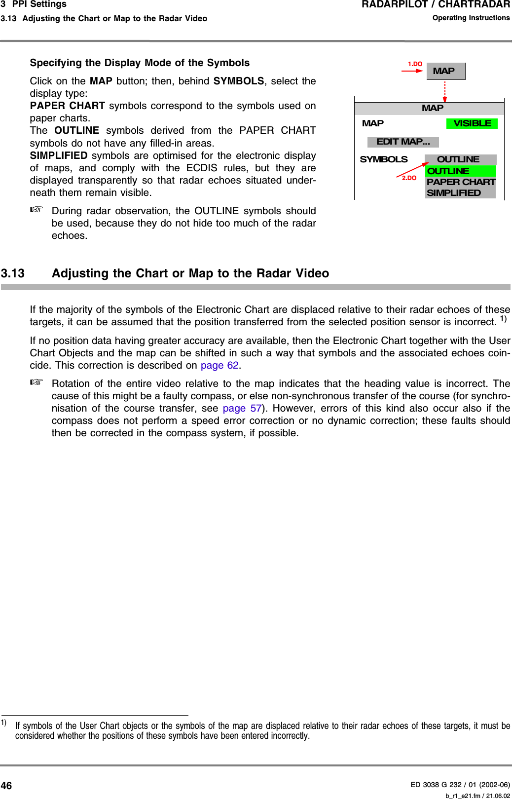 RADARPILOT / CHARTRADARED 3038 G 232 / 01 (2002-06)Operating Instructions3  PPI Settings3.13  Adjusting the Chart or Map to the Radar Video b_r1_e21.fm / 21.06.0246Specifying the Display Mode of the SymbolsClick on the MAP button; then, behind SYMBOLS, select thedisplay type:PAPER CHART symbols correspond to the symbols used onpaper charts.The  OUTLINE symbols derived from the PAPER CHARTsymbols do not have any filled-in areas.SIMPLIFIED symbols are optimised for the electronic displayof maps, and comply with the ECDIS rules, but they aredisplayed transparently so that radar echoes situated under-neath them remain visible.☞During radar observation, the OUTLINE symbols shouldbe used, because they do not hide too much of the radarechoes.3.13 Adjusting the Chart or Map to the Radar VideoIf the majority of the symbols of the Electronic Chart are displaced relative to their radar echoes of thesetargets, it can be assumed that the position transferred from the selected position sensor is incorrect. 1) If no position data having greater accuracy are available, then the Electronic Chart together with the UserChart Objects and the map can be shifted in such a way that symbols and the associated echoes coin-cide. This correction is described on page 62.☞Rotation of the entire video relative to the map indicates that the heading value is incorrect. Thecause of this might be a faulty compass, or else non-synchronous transfer of the course (for synchro-nisation of the course transfer, see page 57). However, errors of this kind also occur also if thecompass does not perform a speed error correction or no dynamic correction; these faults shouldthen be corrected in the compass system, if possible.1)   If symbols of the User Chart objects or the symbols of the map are displaced relative to their radar echoes of these targets, it must beconsidered whether the positions of these symbols have been entered incorrectly.MAP1.DOOUTLINESYMBOLS2.DOOUTLINEPAPER CHARTSIMPLIFIEDMAPMAPEDIT MAP...VISIBLE