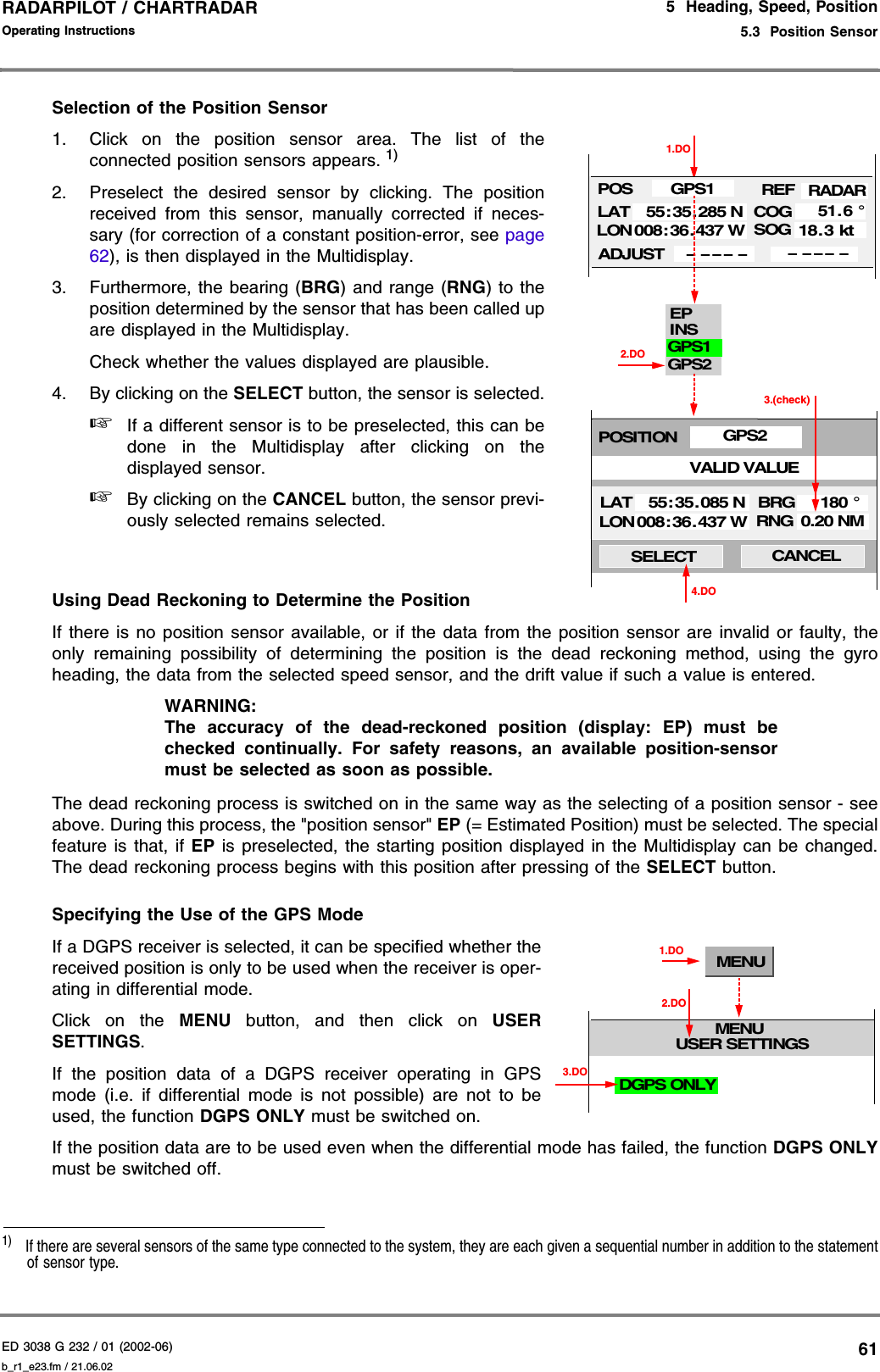 ED 3038 G 232 / 01 (2002-06) Operating Instructions5  Heading, Speed, Position5.3  Position Sensorb_r1_e23.fm / 21.06.0261RADARPILOT / CHARTRADAR Selection of the Position Sensor1. Click on the position sensor area. The list of theconnected position sensors appears. 1)2. Preselect the desired sensor by clicking. The positionreceived from this sensor, manually corrected if neces-sary (for correction of a constant position-error, see page62), is then displayed in the Multidisplay.3. Furthermore, the bearing (BRG) and range (RNG) to theposition determined by the sensor that has been called upare displayed in the Multidisplay.Check whether the values displayed are plausible.4. By clicking on the SELECT button, the sensor is selected.☞If a different sensor is to be preselected, this can bedone in the Multidisplay after clicking on thedisplayed sensor.☞By clicking on the CANCEL button, the sensor previ-ously selected remains selected.Using Dead Reckoning to Determine the PositionIf there is no position sensor available, or if the data from the position sensor are invalid or faulty, theonly remaining possibility of determining the position is the dead reckoning method, using the gyroheading, the data from the selected speed sensor, and the drift value if such a value is entered.WARNING:The accuracy of the dead-reckoned position (display: EP) must bechecked continually. For safety reasons, an available position-sensormust be selected as soon as possible.The dead reckoning process is switched on in the same way as the selecting of a position sensor - seeabove. During this process, the &quot;position sensor&quot; EP (= Estimated Position) must be selected. The specialfeature is that, if EP is preselected, the starting position displayed in the Multidisplay can be changed.The dead reckoning process begins with this position after pressing of the SELECT button.Specifying the Use of the GPS ModeIf a DGPS receiver is selected, it can be specified whether thereceived position is only to be used when the receiver is oper-ating in differential mode.Click on the MENU button, and then click on USERSETTINGS.If the position data of a DGPS receiver operating in GPSmode (i.e. if differential mode is not possible) are not to beused, the function DGPS ONLY must be switched on.If the position data are to be used even when the differential mode has failed, the function DGPS ONLYmust be switched off.1)  If there are several sensors of the same type connected to the system, they are each given a sequential number in addition to the statementof sensor type.1.DOEPGPS2INS2.DOGPS2POSITIONVALID VALUESELECT CANCEL4.DOPOSLATLONCOGSOG55:35. 285 N008:36.437 W51.6 °18.3 ktGPS1ADJUST–– – –– –– – ––GPS1LATLONBRGRNG55:35. 085 N008:36. 437 W180 °0.20 NM3.(check)REFRADARMENUMENUUSER SETTINGS1.DODGPS ONLY3.DO2.DO