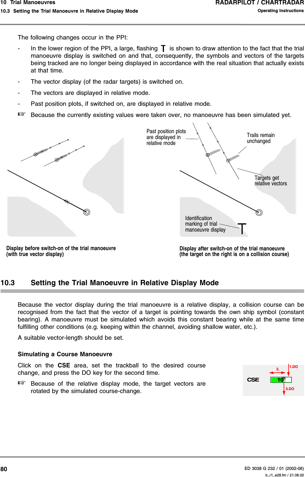 RADARPILOT / CHARTRADARED 3038 G 232 / 01 (2002-06)Operating Instructions10  Trial Manoeuvres10.3  Setting the Trial Manoeuvre in Relative Display Mode b_r1_e28.fm / 21.06.0280The following changes occur in the PPI:- In the lower region of the PPI, a large, flashing   is shown to draw attention to the fact that the trialmanoeuvre display is switched on and that, consequently, the symbols and vectors of the targetsbeing tracked are no longer being displayed in accordance with the real situation that actually existsat that time.- The vector display (of the radar targets) is switched on.- The vectors are displayed in relative mode.- Past position plots, if switched on, are displayed in relative mode.☞Because the currently existing values were taken over, no manoeuvre has been simulated yet.10.3 Setting the Trial Manoeuvre in Relative Display ModeBecause the vector display during the trial manoeuvre is a relative display, a collision course can berecognised from the fact that the vector of a target is pointing towards the own ship symbol (constantbearing). A manoeuvre must be simulated which avoids this constant bearing while at the same timefulfilling other conditions (e.g. keeping within the channel, avoiding shallow water, etc.).A suitable vector-length should be set.Simulating a Course ManoeuvreClick on the CSE area, set the trackball to the desired coursechange, and press the DO key for the second time.☞Because of the relative display mode, the target vectors arerotated by the simulated course-change.Display before switch-on of the trial manoeuvre (with true vector display)Display after switch-on of the trial manoeuvre (the target on the right is on a collision course)Trails remain unchangedTargets get relative vectorsIdentification marking of trial manoeuvre displayPast position plots are displayed in relative modeCSE1.DO10°3.DO2.