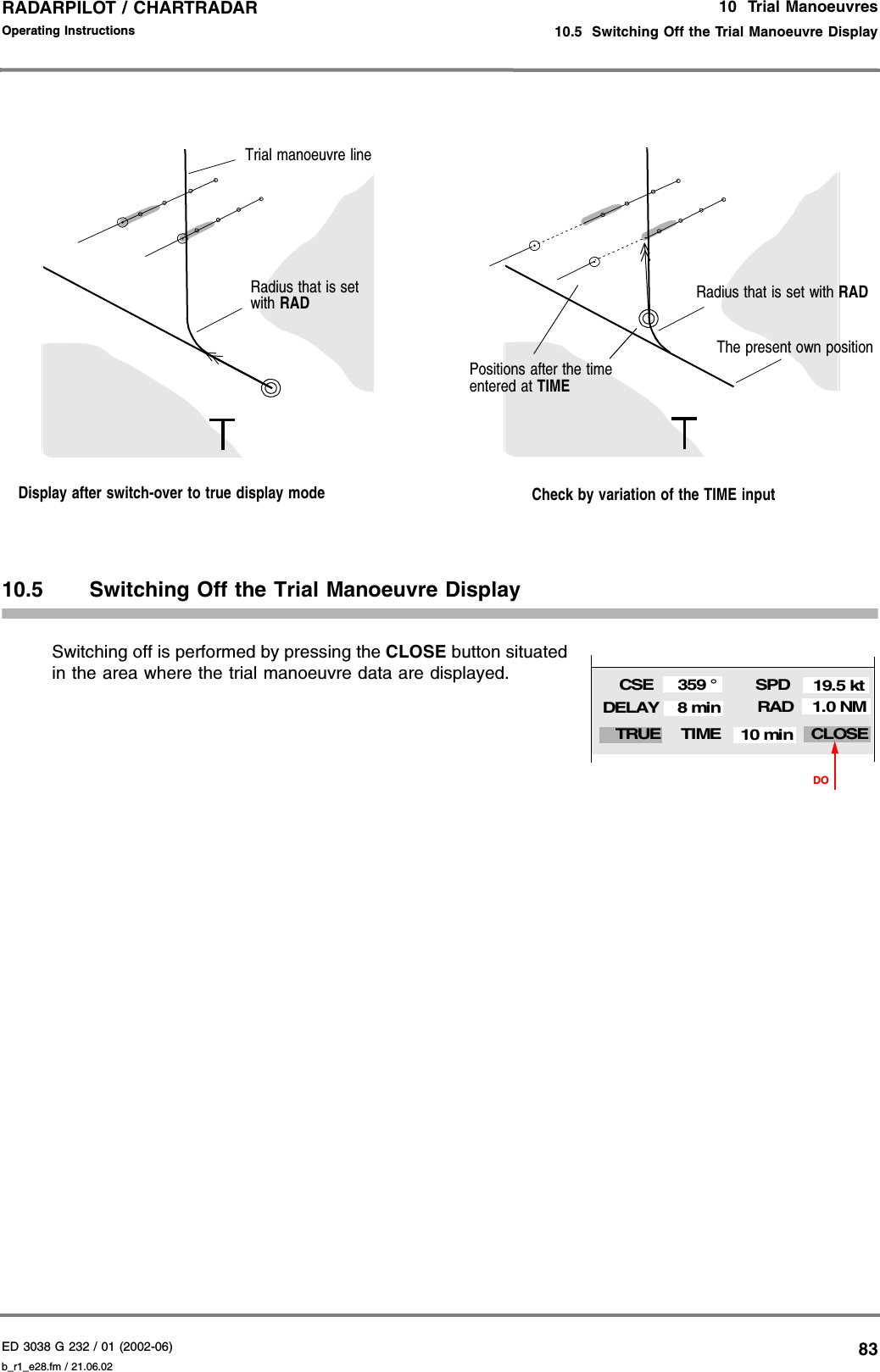 ED 3038 G 232 / 01 (2002-06) Operating Instructions10  Trial Manoeuvres10.5  Switching Off the Trial Manoeuvre Displayb_r1_e28.fm / 21.06.0283RADARPILOT / CHARTRADAR 10.5 Switching Off the Trial Manoeuvre DisplaySwitching off is performed by pressing the CLOSE button situatedin the area where the trial manoeuvre data are displayed.Display after switch-over to true display modeRadius that is set with RADCheck by variation of the TIME inputRadius that is set with RADThe present own positionTrial manoeuvre linePositions after the time entered at TIMERADSPDCSEDELAY19.5 kt359 °8 minTIME CLOSETRUEDO1.0 NM10 min