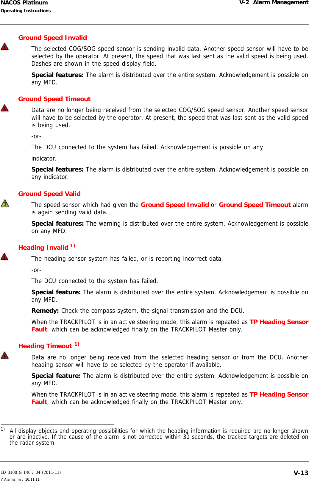ED 3100 G 140 / 04 (2011-11)Operating InstructionsV-2  Alarm ManagementV Alarms.fm / 10.11.11 V-13NACOS PlatinumGround Speed InvalidThe selected COG/SOG speed sensor is sending invalid data. Another speed sensor will have to beselected by the operator. At present, the speed that was last sent as the valid speed is being used.Dashes are shown in the speed display field.Special features: The alarm is distributed over the entire system. Acknowledgement is possible onany MFD.Ground Speed TimeoutData are no longer being received from the selected COG/SOG speed sensor. Another speed sensorwill have to be selected by the operator. At present, the speed that was last sent as the valid speedis being used,-or-The DCU connected to the system has failed. Acknowledgement is possible on anyindicator.Special features: The alarm is distributed over the entire system. Acknowledgement is possible onany indicator.Ground Speed ValidThe speed sensor which had given the Ground Speed Invalid or Ground Speed Timeout alarmis again sending valid data.Special features: The warning is distributed over the entire system. Acknowledgement is possibleon any MFD.Heading Invalid 1) The heading sensor system has failed, or is reporting incorrect data,-or-The DCU connected to the system has failed.Special feature: The alarm is distributed over the entire system. Acknowledgement is possible onany MFD.Remedy: Check the compass system, the signal transmission and the DCU.When the TRACKPILOT is in an active steering mode, this alarm is repeated as TP Heading SensorFault, which can be acknowledged finally on the TRACKPILOT Master only.Heading Timeout 1)Data are no longer being received from the selected heading sensor or from the DCU. Anotherheading sensor will have to be selected by the operator if available.Special feature: The alarm is distributed over the entire system. Acknowledgement is possible onany MFD.When the TRACKPILOT is in an active steering mode, this alarm is repeated as TP Heading SensorFault, which can be acknowledged finally on the TRACKPILOT Master only.1)  All display objects and operating possibilities for which the heading information is required are no longer shownor are inactive. If the cause of the alarm is not corrected within 30 seconds, the tracked targets are deleted onthe radar system.