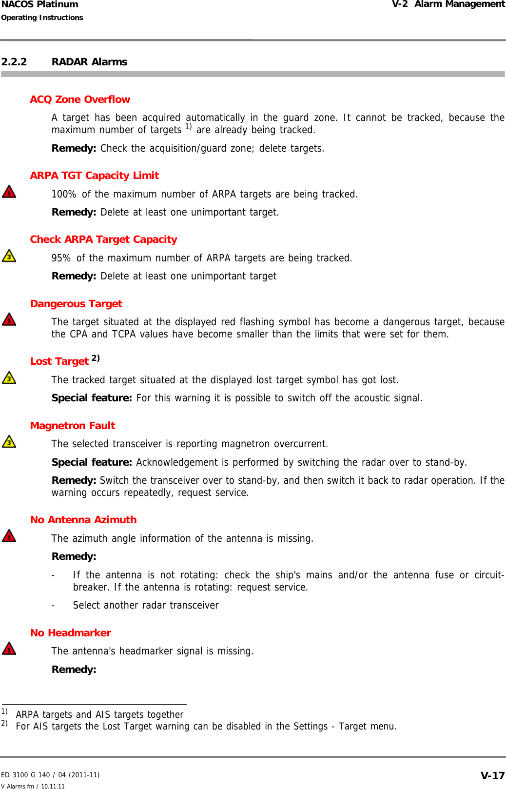 ED 3100 G 140 / 04 (2011-11)Operating InstructionsV-2  Alarm ManagementV Alarms.fm / 10.11.11 V-17NACOS Platinum2.2.2 RADAR AlarmsACQ Zone OverflowA target has been acquired automatically in the guard zone. It cannot be tracked, because themaximum number of targets 1) are already being tracked. Remedy: Check the acquisition/guard zone; delete targets.ARPA TGT Capacity Limit100% of the maximum number of ARPA targets are being tracked.Remedy: Delete at least one unimportant target.Check ARPA Target Capacity 95% of the maximum number of ARPA targets are being tracked.Remedy: Delete at least one unimportant targetDangerous TargetThe target situated at the displayed red flashing symbol has become a dangerous target, becausethe CPA and TCPA values have become smaller than the limits that were set for them.Lost Target 2) The tracked target situated at the displayed lost target symbol has got lost.Special feature: For this warning it is possible to switch off the acoustic signal.Magnetron Fault The selected transceiver is reporting magnetron overcurrent.Special feature: Acknowledgement is performed by switching the radar over to stand-by.Remedy: Switch the transceiver over to stand-by, and then switch it back to radar operation. If thewarning occurs repeatedly, request service.No Antenna AzimuthThe azimuth angle information of the antenna is missing.Remedy:-  If the antenna is not rotating: check the ship&apos;s mains and/or the antenna fuse or circuit-breaker. If the antenna is rotating: request service.-  Select another radar transceiverNo HeadmarkerThe antenna&apos;s headmarker signal is missing.Remedy:1)  ARPA targets and AIS targets together2)  For AIS targets the Lost Target warning can be disabled in the Settings - Target menu.