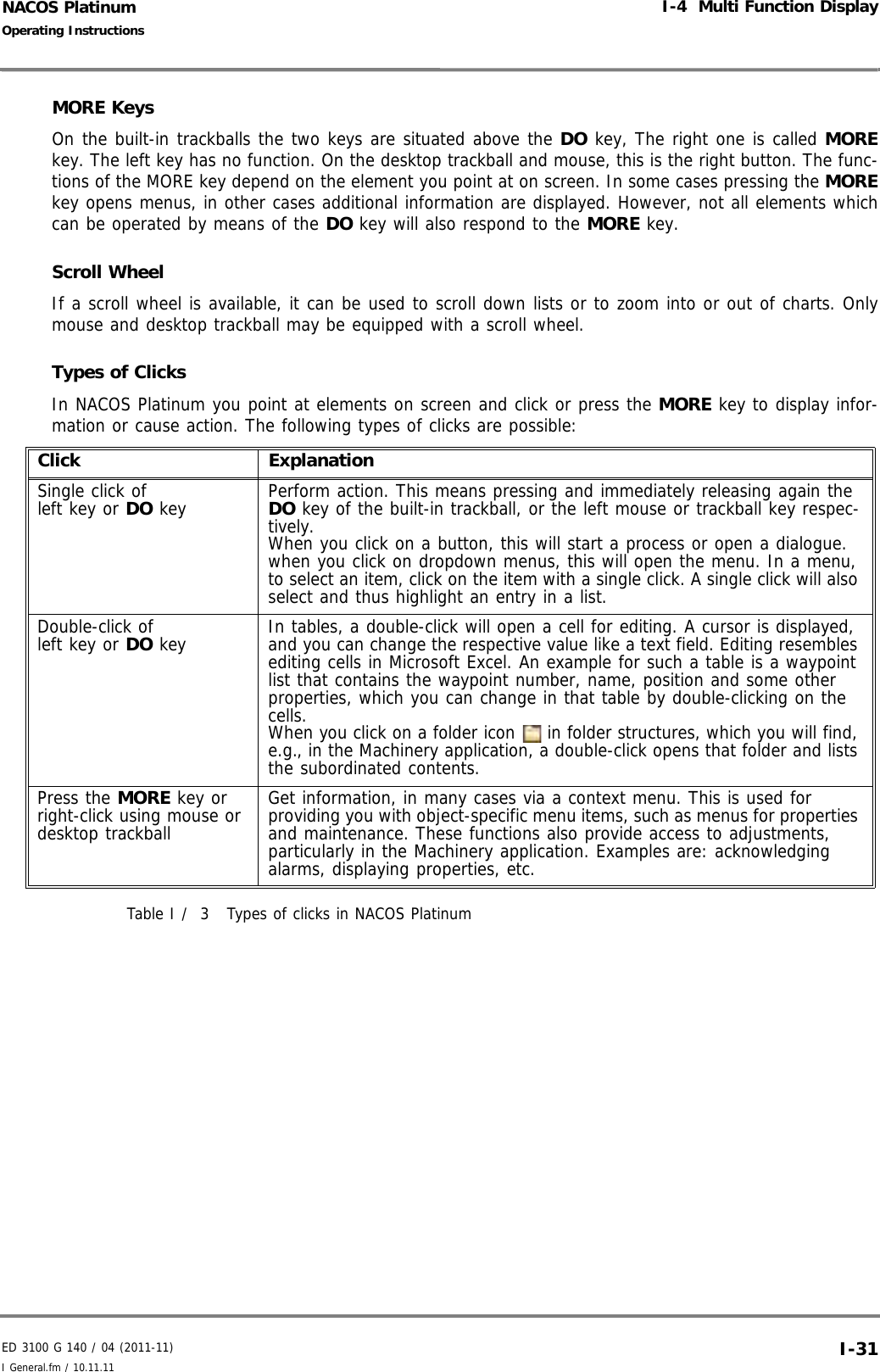 ED 3100 G 140 / 04 (2011-11)Operating InstructionsI-4  Multi Function DisplayI General.fm / 10.11.11 I-31NACOS PlatinumMORE Keys On the built-in trackballs the two keys are situated above the DO key, The right one is called MOREkey. The left key has no function. On the desktop trackball and mouse, this is the right button. The func-tions of the MORE key depend on the element you point at on screen. In some cases pressing the MOREkey opens menus, in other cases additional information are displayed. However, not all elements whichcan be operated by means of the DO key will also respond to the MORE key. Scroll WheelIf a scroll wheel is available, it can be used to scroll down lists or to zoom into or out of charts. Onlymouse and desktop trackball may be equipped with a scroll wheel.Types of ClicksIn NACOS Platinum you point at elements on screen and click or press the MORE key to display infor-mation or cause action. The following types of clicks are possible: Table I /  3 Types of clicks in NACOS PlatinumClick ExplanationSingle click ofleft key or DO key Perform action. This means pressing and immediately releasing again the DO key of the built-in trackball, or the left mouse or trackball key respec-tively. When you click on a button, this will start a process or open a dialogue. when you click on dropdown menus, this will open the menu. In a menu, to select an item, click on the item with a single click. A single click will also select and thus highlight an entry in a list. Double-click ofleft key or DO key In tables, a double-click will open a cell for editing. A cursor is displayed, and you can change the respective value like a text field. Editing resembles editing cells in Microsoft Excel. An example for such a table is a waypoint list that contains the waypoint number, name, position and some other properties, which you can change in that table by double-clicking on the cells. When you click on a folder icon   in folder structures, which you will find, e.g., in the Machinery application, a double-click opens that folder and lists the subordinated contents.Press the MORE key or right-click using mouse or desktop trackballGet information, in many cases via a context menu. This is used for providing you with object-specific menu items, such as menus for properties and maintenance. These functions also provide access to adjustments, particularly in the Machinery application. Examples are: acknowledging alarms, displaying properties, etc. 
