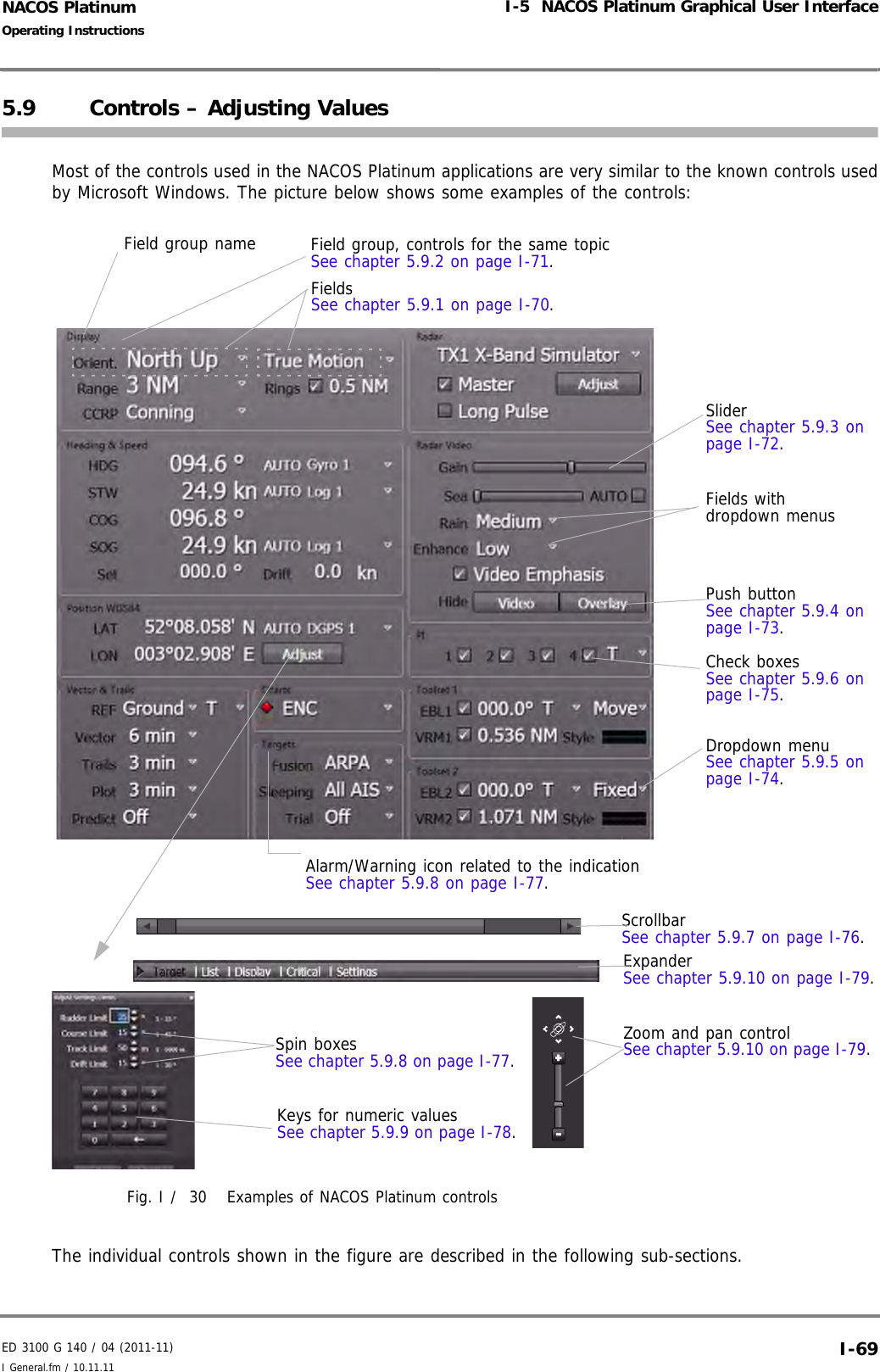 ED 3100 G 140 / 04 (2011-11)Operating InstructionsI-5  NACOS Platinum Graphical User InterfaceI General.fm / 10.11.11 I-69NACOS Platinum5.9 Controls – Adjusting ValuesMost of the controls used in the NACOS Platinum applications are very similar to the known controls usedby Microsoft Windows. The picture below shows some examples of the controls:Fig. I /  30 Examples of NACOS Platinum controlsThe individual controls shown in the figure are described in the following sub-sections.Check boxesSee chapter 5.9.6 on page I-75.Dropdown menu See chapter 5.9.5 on page I-74.SliderSee chapter 5.9.3 on page I-72.Alarm/Warning icon related to the indicationSee chapter 5.9.8 on page I-77.Push buttonSee chapter 5.9.4 on page I-73.Field group, controls for the same topic See chapter 5.9.2 on page I-71.Field group nameFields withdropdown menusFields See chapter 5.9.1 on page I-70.Spin boxesSee chapter 5.9.8 on page I-77.Zoom and pan controlSee chapter 5.9.10 on page I-79.ScrollbarSee chapter 5.9.7 on page I-76.ExpanderSee chapter 5.9.10 on page I-79.Keys for numeric valuesSee chapter 5.9.9 on page I-78.