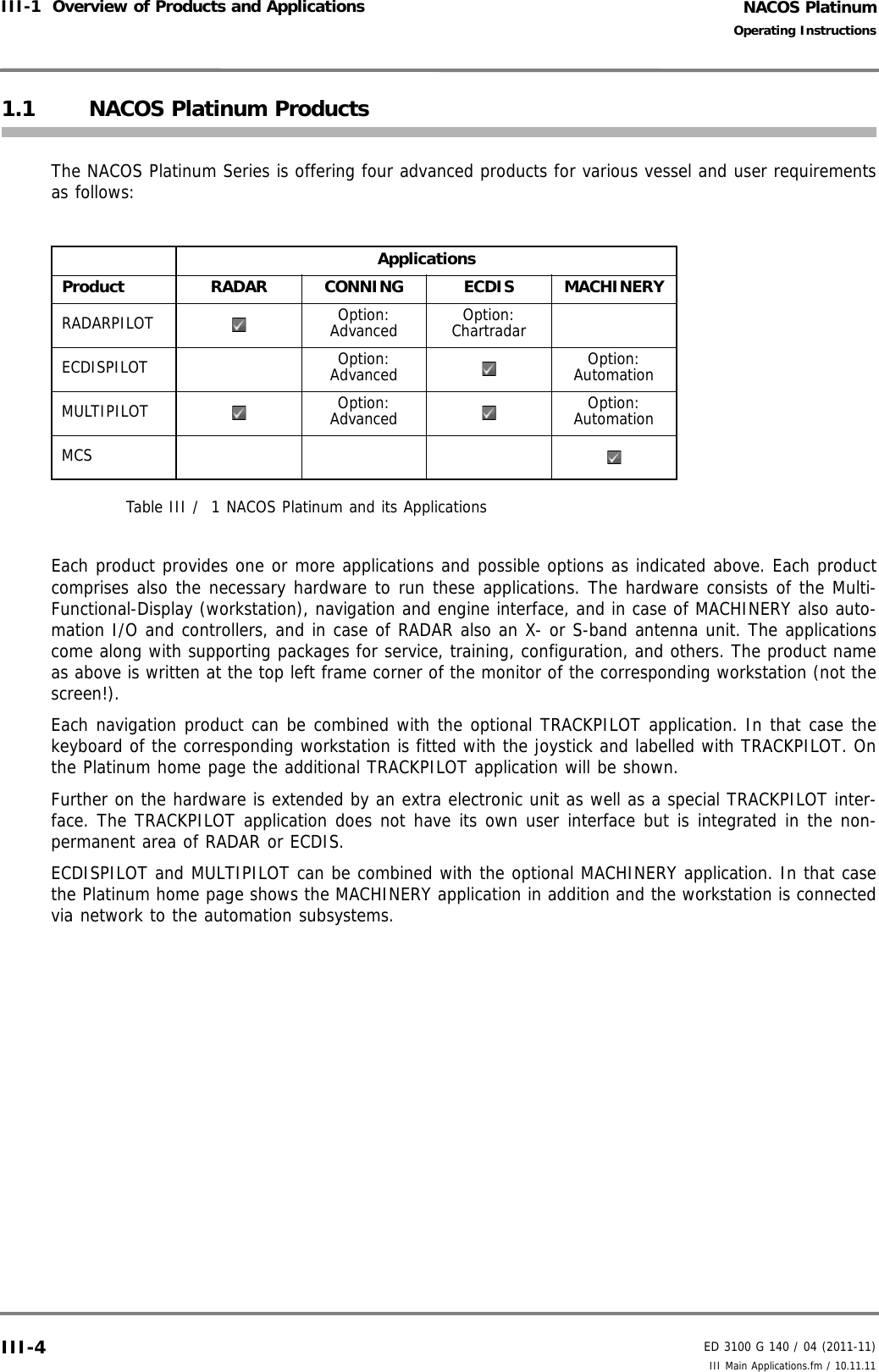 NACOS PlatinumED 3100 G 140 / 04 (2011-11)Operating InstructionsIII-1  Overview of Products and Applications III Main Applications.fm / 10.11.11III-41.1 NACOS Platinum ProductsThe NACOS Platinum Series is offering four advanced products for various vessel and user requirementsas follows:Table III /  1 NACOS Platinum and its ApplicationsEach product provides one or more applications and possible options as indicated above. Each productcomprises also the necessary hardware to run these applications. The hardware consists of the Multi-Functional-Display (workstation), navigation and engine interface, and in case of MACHINERY also auto-mation I/O and controllers, and in case of RADAR also an X- or S-band antenna unit. The applicationscome along with supporting packages for service, training, configuration, and others. The product nameas above is written at the top left frame corner of the monitor of the corresponding workstation (not thescreen!).Each navigation product can be combined with the optional TRACKPILOT application. In that case thekeyboard of the corresponding workstation is fitted with the joystick and labelled with TRACKPILOT. Onthe Platinum home page the additional TRACKPILOT application will be shown. Further on the hardware is extended by an extra electronic unit as well as a special TRACKPILOT inter-face. The TRACKPILOT application does not have its own user interface but is integrated in the non-permanent area of RADAR or ECDIS.ECDISPILOT and MULTIPILOT can be combined with the optional MACHINERY application. In that casethe Platinum home page shows the MACHINERY application in addition and the workstation is connectedvia network to the automation subsystems.ApplicationsProduct RADAR CONNING ECDIS MACHINERYRADARPILOT Option:Advanced Option:ChartradarECDISPILOT Option:Advanced Option:AutomationMULTIPILOT Option:Advanced Option:AutomationMCS