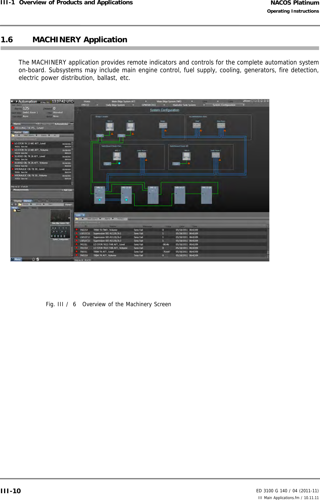 NACOS PlatinumED 3100 G 140 / 04 (2011-11)Operating InstructionsIII-1  Overview of Products and Applications III Main Applications.fm / 10.11.11III-101.6 MACHINERY ApplicationThe MACHINERY application provides remote indicators and controls for the complete automation systemon-board. Subsystems may include main engine control, fuel supply, cooling, generators, fire detection,electric power distribution, ballast, etc.Fig. III /  6 Overview of the Machinery Screen