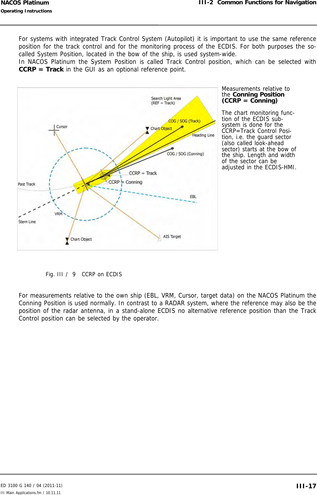 ED 3100 G 140 / 04 (2011-11)Operating InstructionsIII-2  Common Functions for NavigationIII Main Applications.fm / 10.11.11 III-17NACOS PlatinumFor systems with integrated Track Control System (Autopilot) it is important to use the same referenceposition for the track control and for the monitoring process of the ECDIS. For both purposes the so-called System Position, located in the bow of the ship, is used system-wide.In NACOS Platinum the System Position is called Track Control position, which can be selected withCCRP = Track in the GUI as an optional reference point.Fig. III /  9 CCRP on ECDIS For measurements relative to the own ship (EBL, VRM, Cursor, target data) on the NACOS Platinum theConning Position is used normally. In contrast to a RADAR system, where the reference may also be theposition of the radar antenna, in a stand-alone ECDIS no alternative reference position than the TrackControl position can be selected by the operator.Measurements relative to the Conning Position (CCRP = Conning)The chart monitoring func-tion of the ECDIS sub-system is done for the CCRP=Track Control Posi-tion, i.e. the guard sector (also called look-ahead sector) starts at the bow of the ship. Length and width of the sector can be adjusted in the ECDIS-HMI.