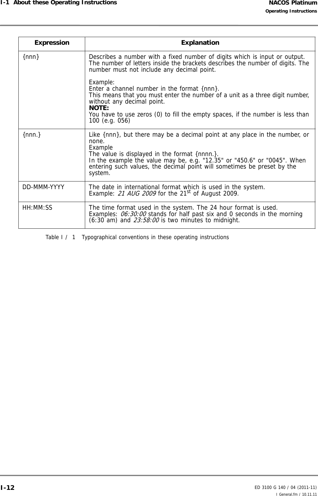 NACOS PlatinumED 3100 G 140 / 04 (2011-11)Operating InstructionsI-1  About these Operating Instructions I General.fm / 10.11.11I-12Table I /  1 Typographical conventions in these operating instructions{nnn} Describes a number with a fixed number of digits which is input or output. The number of letters inside the brackets describes the number of digits. The number must not include any decimal point.Example:Enter a channel number in the format {nnn}.This means that you must enter the number of a unit as a three digit number, without any decimal point.NOTE:You have to use zeros (0) to fill the empty spaces, if the number is less than 100 (e.g. 056){nnn.} Like {nnn}, but there may be a decimal point at any place in the number, or none.Example The value is displayed in the format {nnnn.}.In the example the value may be, e.g. &quot;12.35&quot; or &quot;450.6&quot; or &quot;0045&quot;. When entering such values, the decimal point will sometimes be preset by the system. DD-MMM-YYYY The date in international format which is used in the system. Example: 21 AUG 2009 for the 21st of August 2009. HH:MM:SS The time format used in the system. The 24 hour format is used.Examples: 06:30:00 stands for half past six and 0 seconds in the morning (6:30 am) and 23:58:00 is two minutes to midnight. Expression Explanation