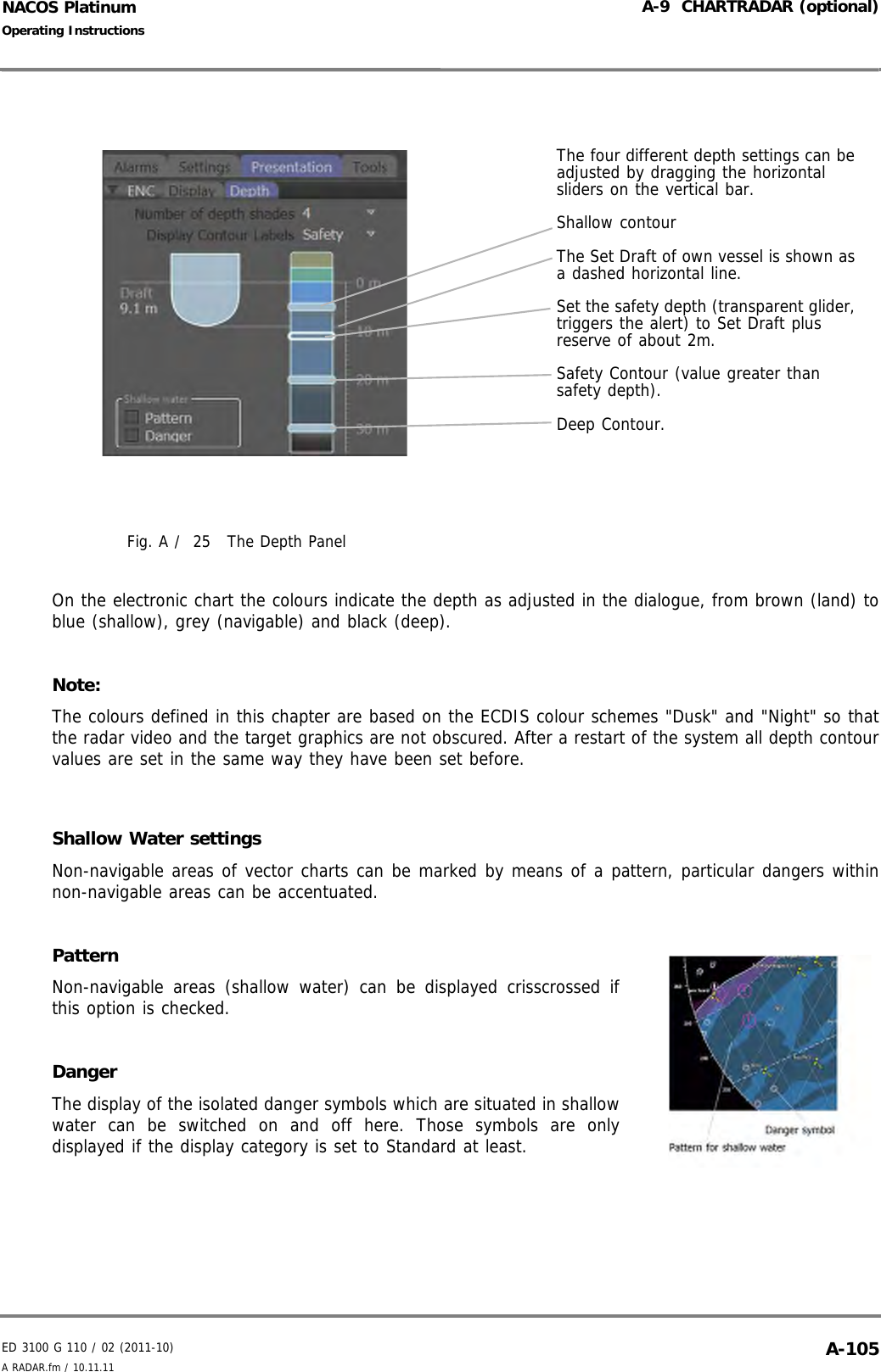 ED 3100 G 110 / 02 (2011-10)Operating InstructionsA-9  CHARTRADAR (optional)A RADAR.fm / 10.11.11 A-105NACOS PlatinumFig. A /  25 The Depth PanelOn the electronic chart the colours indicate the depth as adjusted in the dialogue, from brown (land) toblue (shallow), grey (navigable) and black (deep).Note:The colours defined in this chapter are based on the ECDIS colour schemes &quot;Dusk&quot; and &quot;Night&quot; so thatthe radar video and the target graphics are not obscured. After a restart of the system all depth contourvalues are set in the same way they have been set before.Shallow Water settingsNon-navigable areas of vector charts can be marked by means of a pattern, particular dangers withinnon-navigable areas can be accentuated.PatternNon-navigable areas (shallow water) can be displayed crisscrossed ifthis option is checked.DangerThe display of the isolated danger symbols which are situated in shallowwater can be switched on and off here. Those symbols are onlydisplayed if the display category is set to Standard at least.The four different depth settings can be adjusted by dragging the horizontal sliders on the vertical bar.Shallow contourThe Set Draft of own vessel is shown as a dashed horizontal line.Set the safety depth (transparent glider, triggers the alert) to Set Draft plus reserve of about 2m.Safety Contour (value greater than safety depth).Deep Contour.