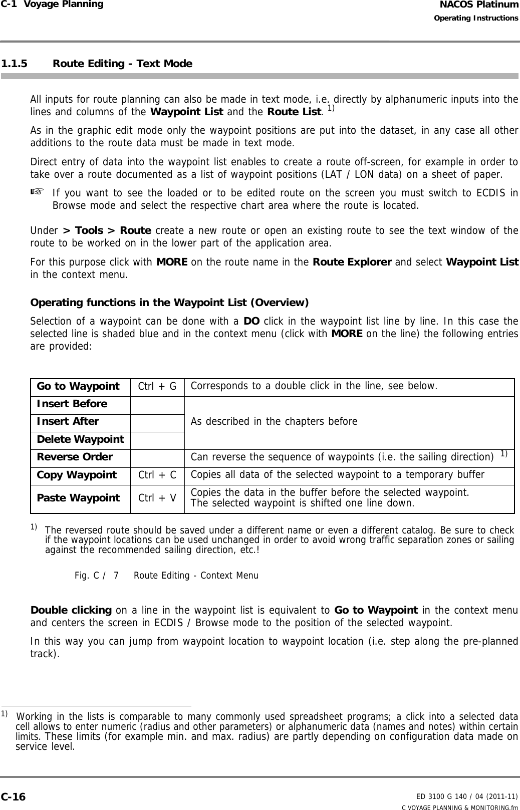 NACOS PlatinumED 3100 G 140 / 04 (2011-11)Operating InstructionsC-1  Voyage Planning C VOYAGE PLANNING &amp; MONITORING.fmC-161.1.5 Route Editing - Text ModeAll inputs for route planning can also be made in text mode, i.e. directly by alphanumeric inputs into thelines and columns of the Waypoint List and the Route List. 1)As in the graphic edit mode only the waypoint positions are put into the dataset, in any case all otheradditions to the route data must be made in text mode.Direct entry of data into the waypoint list enables to create a route off-screen, for example in order totake over a route documented as a list of waypoint positions (LAT / LON data) on a sheet of paper.  ☞  If you want to see the loaded or to be edited route on the screen you must switch to ECDIS inBrowse mode and select the respective chart area where the route is located.Under &gt; Tools &gt; Route create a new route or open an existing route to see the text window of theroute to be worked on in the lower part of the application area.For this purpose click with MORE on the route name in the Route Explorer and select Waypoint Listin the context menu.Operating functions in the Waypoint List (Overview)Selection of a waypoint can be done with a DO click in the waypoint list line by line. In this case theselected line is shaded blue and in the context menu (click with MORE on the line) the following entriesare provided:Fig. C /  7 Route Editing - Context MenuDouble clicking on a line in the waypoint list is equivalent to Go to Waypoint in the context menuand centers the screen in ECDIS / Browse mode to the position of the selected waypoint.In this way you can jump from waypoint location to waypoint location (i.e. step along the pre-plannedtrack).1)  Working in the lists is comparable to many commonly used spreadsheet programs; a click into a selected datacell allows to enter numeric (radius and other parameters) or alphanumeric data (names and notes) within certainlimits. These limits (for example min. and max. radius) are partly depending on configuration data made onservice level.Go to Waypoint Ctrl + G Corresponds to a double click in the line, see below.Insert BeforeAs described in the chapters beforeInsert AfterDelete WaypointReverse Order Can reverse the sequence of waypoints (i.e. the sailing direction)  1)1) The reversed route should be saved under a different name or even a different catalog. Be sure to checkif the waypoint locations can be used unchanged in order to avoid wrong traffic separation zones or sailingagainst the recommended sailing direction, etc.!Copy Waypoint Ctrl + C Copies all data of the selected waypoint to a temporary bufferPaste Waypoint Ctrl + V Copies the data in the buffer before the selected waypoint.The selected waypoint is shifted one line down.