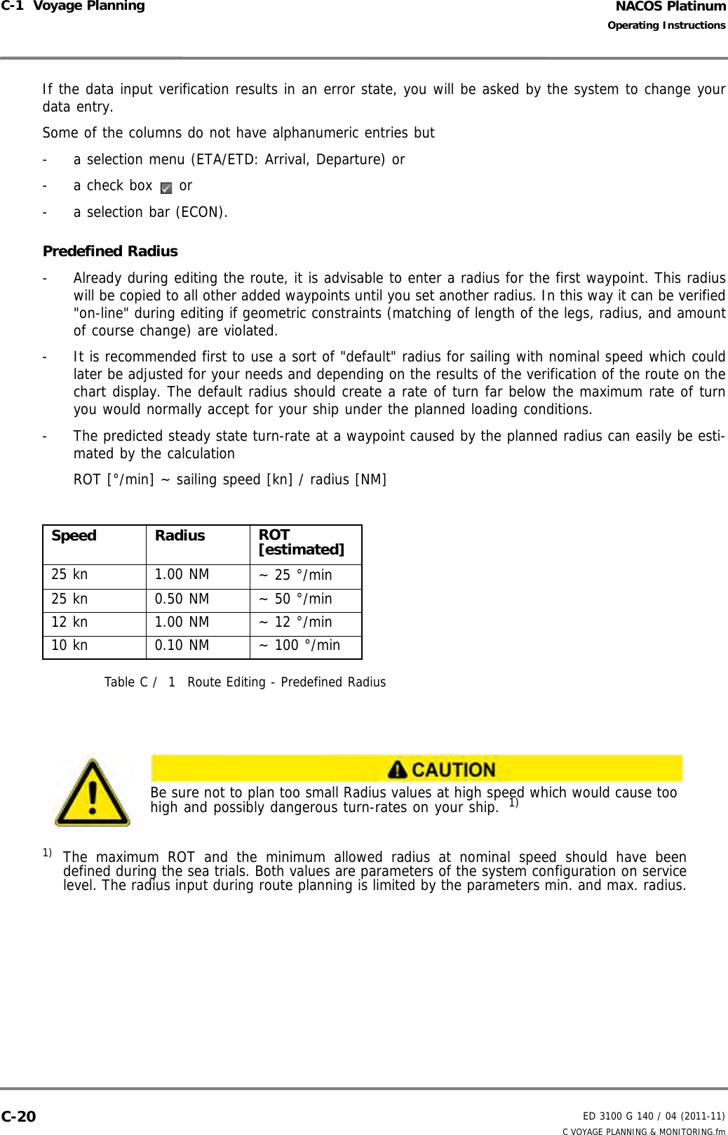 NACOS PlatinumED 3100 G 140 / 04 (2011-11)Operating InstructionsC-1  Voyage Planning C VOYAGE PLANNING &amp; MONITORING.fmC-20If the data input verification results in an error state, you will be asked by the system to change yourdata entry.Some of the columns do not have alphanumeric entries but -  a selection menu (ETA/ETD: Arrival, Departure) or -  a check box   or-  a selection bar (ECON).Predefined Radius-  Already during editing the route, it is advisable to enter a radius for the first waypoint. This radiuswill be copied to all other added waypoints until you set another radius. In this way it can be verified&quot;on-line&quot; during editing if geometric constraints (matching of length of the legs, radius, and amountof course change) are violated.-  It is recommended first to use a sort of &quot;default&quot; radius for sailing with nominal speed which couldlater be adjusted for your needs and depending on the results of the verification of the route on thechart display. The default radius should create a rate of turn far below the maximum rate of turnyou would normally accept for your ship under the planned loading conditions.-  The predicted steady state turn-rate at a waypoint caused by the planned radius can easily be esti-mated by the calculationROT [°/min] ~ sailing speed [kn] / radius [NM]Table C /  1 Route Editing - Predefined RadiusSpeed Radius ROT [estimated]25 kn 1.00 NM ~ 25 °/min25 kn 0.50 NM ~ 50 °/min12 kn 1.00 NM ~ 12 °/min10 kn 0.10 NM ~ 100 °/minBe sure not to plan too small Radius values at high speed which would cause too high and possibly dangerous turn-rates on your ship.  1)1) The maximum ROT and the minimum allowed radius at nominal speed should have beendefined during the sea trials. Both values are parameters of the system configuration on servicelevel. The radius input during route planning is limited by the parameters min. and max. radius.