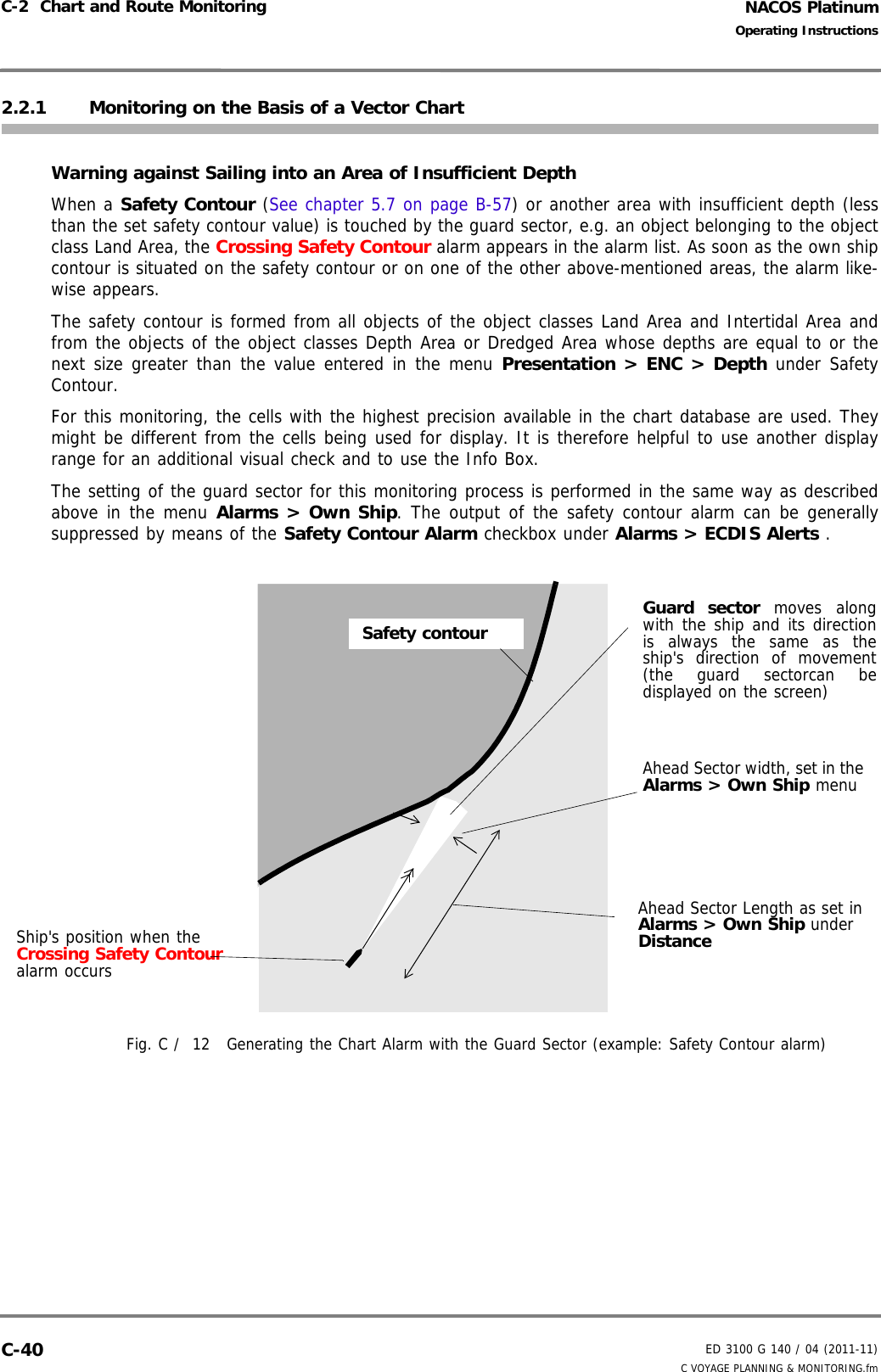 NACOS PlatinumED 3100 G 140 / 04 (2011-11)Operating InstructionsC-2  Chart and Route Monitoring C VOYAGE PLANNING &amp; MONITORING.fmC-402.2.1 Monitoring on the Basis of a Vector ChartWarning against Sailing into an Area of Insufficient DepthWhen a Safety Contour (See chapter 5.7 on page B-57) or another area with insufficient depth (lessthan the set safety contour value) is touched by the guard sector, e.g. an object belonging to the objectclass Land Area, the Crossing Safety Contour alarm appears in the alarm list. As soon as the own shipcontour is situated on the safety contour or on one of the other above-mentioned areas, the alarm like-wise appears.The safety contour is formed from all objects of the object classes Land Area and Intertidal Area andfrom the objects of the object classes Depth Area or Dredged Area whose depths are equal to or thenext size greater than the value entered in the menu Presentation &gt; ENC &gt; Depth under SafetyContour.For this monitoring, the cells with the highest precision available in the chart database are used. Theymight be different from the cells being used for display. It is therefore helpful to use another displayrange for an additional visual check and to use the Info Box.The setting of the guard sector for this monitoring process is performed in the same way as describedabove in the menu Alarms &gt; Own Ship. The output of the safety contour alarm can be generallysuppressed by means of the Safety Contour Alarm checkbox under Alarms &gt; ECDIS Alerts .Fig. C /  12 Generating the Chart Alarm with the Guard Sector (example: Safety Contour alarm)Guard sector moves alongwith the ship and its directionis always the same as theship&apos;s direction of movement(the guard sectorcan bedisplayed on the screen)Ahead Sector Length as set in Alarms &gt; Own Ship under DistanceSafety contourShip&apos;s position when the Crossing Safety Contour alarm occursAhead Sector width, set in the Alarms &gt; Own Ship menu