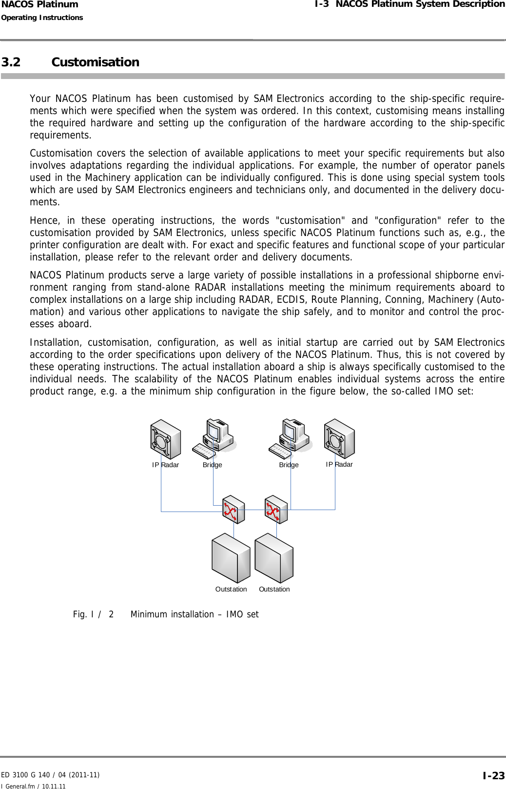 ED 3100 G 140 / 04 (2011-11)Operating InstructionsI-3  NACOS Platinum System DescriptionI General.fm / 10.11.11 I-23NACOS Platinum3.2 CustomisationYour NACOS Platinum has been customised by SAM Electronics according to the ship-specific require-ments which were specified when the system was ordered. In this context, customising means installingthe required hardware and setting up the configuration of the hardware according to the ship-specificrequirements. Customisation covers the selection of available applications to meet your specific requirements but alsoinvolves adaptations regarding the individual applications. For example, the number of operator panelsused in the Machinery application can be individually configured. This is done using special system toolswhich are used by SAM Electronics engineers and technicians only, and documented in the delivery docu-ments.Hence, in these operating instructions, the words &quot;customisation&quot; and &quot;configuration&quot; refer to thecustomisation provided by SAM Electronics, unless specific NACOS Platinum functions such as, e.g., theprinter configuration are dealt with. For exact and specific features and functional scope of your particularinstallation, please refer to the relevant order and delivery documents.NACOS Platinum products serve a large variety of possible installations in a professional shipborne envi-ronment ranging from stand-alone RADAR installations meeting the minimum requirements aboard tocomplex installations on a large ship including RADAR, ECDIS, Route Planning, Conning, Machinery (Auto-mation) and various other applications to navigate the ship safely, and to monitor and control the proc-esses aboard. Installation, customisation, configuration, as well as initial startup are carried out by SAM Electronicsaccording to the order specifications upon delivery of the NACOS Platinum. Thus, this is not covered bythese operating instructions. The actual installation aboard a ship is always specifically customised to theindividual needs. The scalability of the NACOS Platinum enables individual systems across the entireproduct range, e.g. a the minimum ship configuration in the figure below, the so-called IMO set: Fig. I /  2 Minimum installation – IMO set OutstationOutstationBridge Bridge IP RadarIP Radar