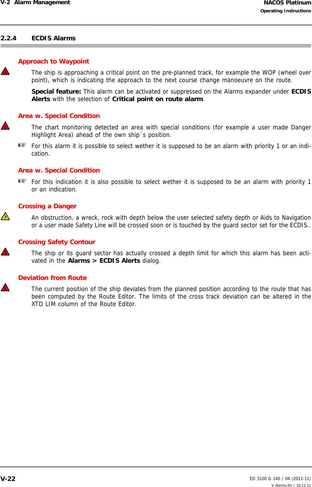 NACOS PlatinumED 3100 G 140 / 04 (2011-11)Operating InstructionsV-2  Alarm Management V Alarms.fm / 10.11.11V-222.2.4 ECDIS Alarms Approach to WaypointThe ship is approaching a critical point on the pre-planned track, for example the WOP (wheel overpoint), which is indicating the approach to the next course change manoeuvre on the route.Special feature: This alarm can be activated or suppressed on the Alarms expander under ECDISAlerts with the selection of Critical point on route alarm.Area w. Special ConditionThe chart monitoring detected an area with special conditions (for example a user made DangerHighlight Area) ahead of the own ship´s position.☞  For this alarm it is possible to select wether it is supposed to be an alarm with priority 1 or an indi-cation.Area w. Special Condition☞  For this indication it is also possible to select wether it is supposed to be an alarm with priority 1or an indication.Crossing a DangerAn obstruction, a wreck, rock with depth below the user selected safety depth or Aids to Navigationor a user made Safety Line will be crossed soon or is touched by the guard sector set for the ECDIS..Crossing Safety ContourThe ship or its guard sector has actually crossed a depth limit for which this alarm has been acti-vated in the Alarms &gt; ECDIS Alerts dialog.Deviation from Route The current position of the ship deviates from the planned position according to the route that hasbeen computed by the Route Editor. The limits of the cross track deviation can be altered in theXTD LIM column of the Route Editor.