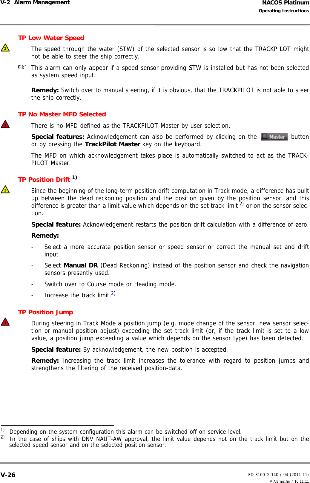 NACOS PlatinumED 3100 G 140 / 04 (2011-11)Operating InstructionsV-2  Alarm Management V Alarms.fm / 10.11.11V-26TP Low Water SpeedThe speed through the water (STW) of the selected sensor is so low that the TRACKPILOT mightnot be able to steer the ship correctly.☞  This alarm can only appear if a speed sensor providing STW is installed but has not been selectedas system speed input.Remedy: Switch over to manual steering, if it is obvious, that the TRACKPILOT is not able to steerthe ship correctly.TP No Master MFD Selected There is no MFD defined as the TRACKPILOT Master by user selection.Special features: Acknowledgement can also be performed by clicking on the  buttonor by pressing the TrackPilot Master key on the keyboard.The MFD on which acknowledgement takes place is automatically switched to act as the TRACK-PILOT Master.TP Position Drift 1) Since the beginning of the long-term position drift computation in Track mode, a difference has builtup between the dead reckoning position and the position given by the position sensor, and thisdifference is greater than a limit value which depends on the set track limit 2) or on the sensor selec-tion.Special feature: Acknowledgement restarts the position drift calculation with a difference of zero.Remedy: -  Select a more accurate position sensor or speed sensor or correct the manual set and driftinput.- Select Manual DR (Dead Reckoning) instead of the position sensor and check the navigationsensors presently used.-  Switch over to Course mode or Heading mode.-  Increase the track limit.2)TP Position JumpDuring steering in Track Mode a position jump (e.g. mode change of the sensor, new sensor selec-tion or manual position adjust) exceeding the set track limit (or, if the track limit is set to a lowvalue, a position jump exceeding a value which depends on the sensor type) has been detected.Special feature: By acknowledgement, the new position is accepted.Remedy: Increasing the track limit increases the tolerance with regard to position jumps andstrengthens the filtering of the received position-data.1)  Depending on the system configuration this alarm can be switched off on service level.2)  In the case of ships with DNV NAUT-AW approval, the limit value depends not on the track limit but on theselected speed sensor and on the selected position sensor.