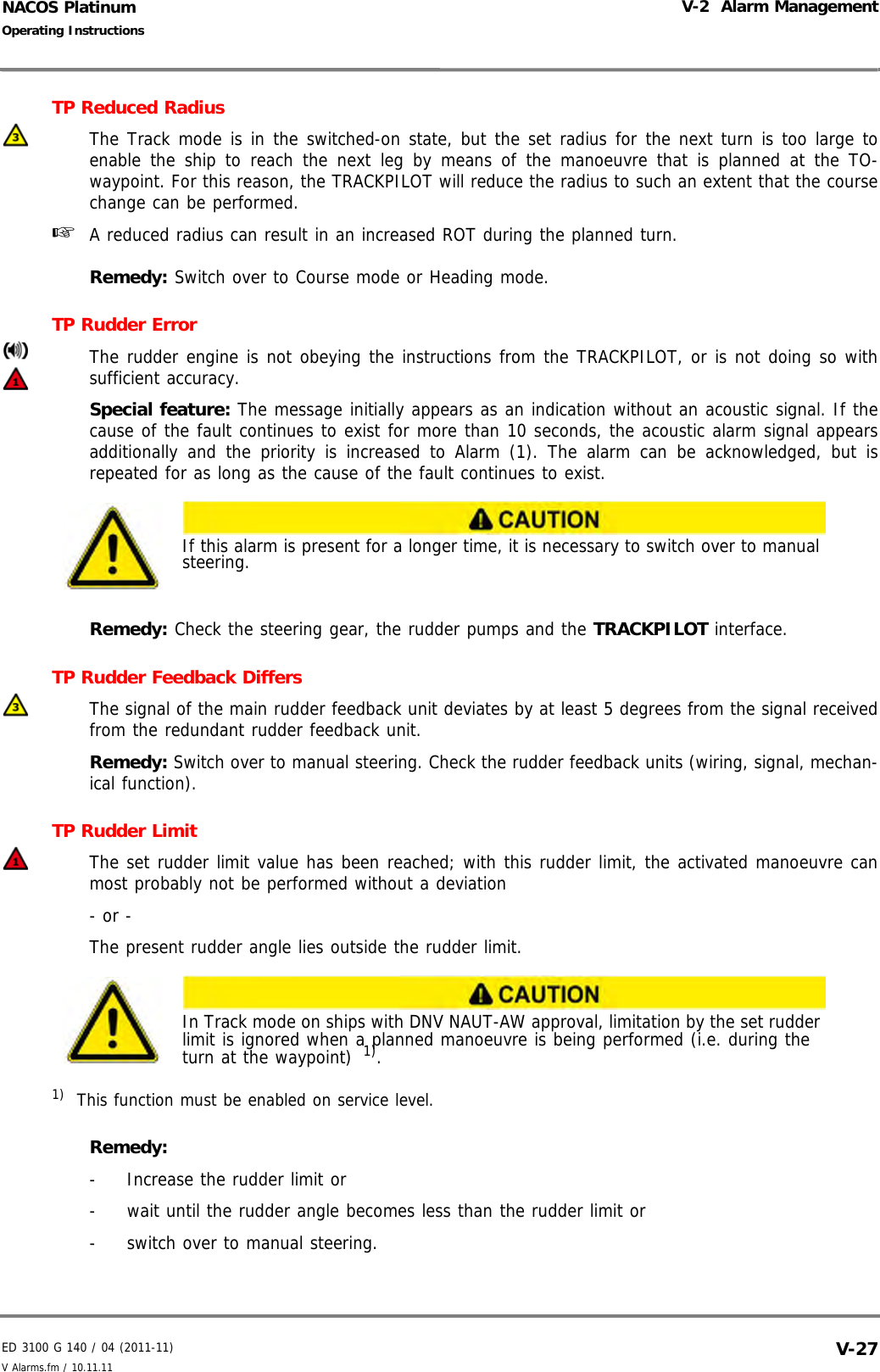 ED 3100 G 140 / 04 (2011-11)Operating InstructionsV-2  Alarm ManagementV Alarms.fm / 10.11.11 V-27NACOS PlatinumTP Reduced RadiusThe Track mode is in the switched-on state, but the set radius for the next turn is too large toenable the ship to reach the next leg by means of the manoeuvre that is planned at the TO-waypoint. For this reason, the TRACKPILOT will reduce the radius to such an extent that the coursechange can be performed.☞  A reduced radius can result in an increased ROT during the planned turn.Remedy: Switch over to Course mode or Heading mode.TP Rudder ErrorThe rudder engine is not obeying the instructions from the TRACKPILOT, or is not doing so withsufficient accuracy.Special feature: The message initially appears as an indication without an acoustic signal. If thecause of the fault continues to exist for more than 10 seconds, the acoustic alarm signal appearsadditionally and the priority is increased to Alarm (1). The alarm can be acknowledged, but isrepeated for as long as the cause of the fault continues to exist.Remedy: Check the steering gear, the rudder pumps and the TRACKPILOT interface.TP Rudder Feedback DiffersThe signal of the main rudder feedback unit deviates by at least 5 degrees from the signal receivedfrom the redundant rudder feedback unit.Remedy: Switch over to manual steering. Check the rudder feedback units (wiring, signal, mechan-ical function).TP Rudder LimitThe set rudder limit value has been reached; with this rudder limit, the activated manoeuvre canmost probably not be performed without a deviation- or -The present rudder angle lies outside the rudder limit.Remedy: -  Increase the rudder limit or-  wait until the rudder angle becomes less than the rudder limit or-  switch over to manual steering.If this alarm is present for a longer time, it is necessary to switch over to manual steering.In Track mode on ships with DNV NAUT-AW approval, limitation by the set rudder limit is ignored when a planned manoeuvre is being performed (i.e. during the turn at the waypoint)  1).1) This function must be enabled on service level.