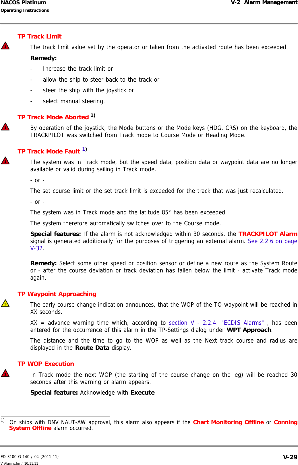 ED 3100 G 140 / 04 (2011-11)Operating InstructionsV-2  Alarm ManagementV Alarms.fm / 10.11.11 V-29NACOS PlatinumTP Track LimitThe track limit value set by the operator or taken from the activated route has been exceeded.Remedy:-  Increase the track limit or-  allow the ship to steer back to the track or-  steer the ship with the joystick or-  select manual steering.TP Track Mode Aborted 1) By operation of the joystick, the Mode buttons or the Mode keys (HDG, CRS) on the keyboard, theTRACKPILOT was switched from Track mode to Course Mode or Heading Mode.TP Track Mode Fault 1) The system was in Track mode, but the speed data, position data or waypoint data are no longeravailable or valid during sailing in Track mode.- or -The set course limit or the set track limit is exceeded for the track that was just recalculated.- or -The system was in Track mode and the latitude 85° has been exceeded.The system therefore automatically switches over to the Course mode.Special features: If the alarm is not acknowledged within 30 seconds, the TRACKPILOT Alarmsignal is generated additionally for the purposes of triggering an external alarm. See 2.2.6 on pageV-32.Remedy: Select some other speed or position sensor or define a new route as the System Routeor - after the course deviation or track deviation has fallen below the limit - activate Track modeagain.TP Waypoint Approaching The early course change indication announces, that the WOP of the TO-waypoint will be reached inXX seconds.XX = advance warning time which, according to section V - 2.2.4: &quot;ECDIS Alarms&quot; , has beenentered for the occurrence of this alarm in the TP-Settings dialog under WPT Approach.The distance and the time to go to the WOP as well as the Next track course and radius aredisplayed in the Route Data display.TP WOP Execution In Track mode the next WOP (the starting of the course change on the leg) will be reached 30seconds after this warning or alarm appears.Special feature: Acknowledge with Execute1)  On ships with DNV NAUT-AW approval, this alarm also appears if the Chart Monitoring Offline or ConningSystem Offline alarm occurred.