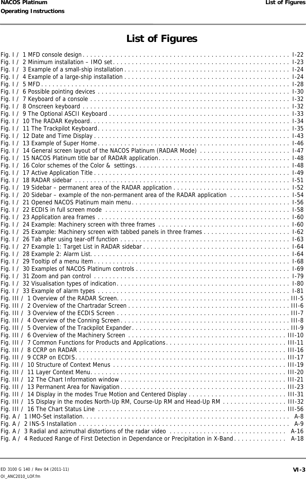 ED 3100 G 140 / Rev 04 (2011-11)Operating Instructions List of FiguresOI_ANC2010_LOF.fm  VI-3NACOS PlatinumList of FiguresFig. I /  1 MFD console design. . . . . . . . . . . . . . . . . . . . . . . . . . . . . . . . . . . . . . . . . . . . . . . . . . . . . . .  I-22Fig. I /  2 Minimum installation – IMO set. . . . . . . . . . . . . . . . . . . . . . . . . . . . . . . . . . . . . . . . . . . . . . .  I-23Fig. I /  3 Example of a small-ship installation. . . . . . . . . . . . . . . . . . . . . . . . . . . . . . . . . . . . . . . . . . . .  I-24Fig. I /  4 Example of a large-ship installation . . . . . . . . . . . . . . . . . . . . . . . . . . . . . . . . . . . . . . . . . . . . I-24Fig. I /  5 MFD. . . . . . . . . . . . . . . . . . . . . . . . . . . . . . . . . . . . . . . . . . . . . . . . . . . . . . . . . . . . . . . . . .  I-28Fig. I /  6 Possible pointing devices . . . . . . . . . . . . . . . . . . . . . . . . . . . . . . . . . . . . . . . . . . . . . . . . . . .  I-30Fig. I /  7 Keyboard of a console . . . . . . . . . . . . . . . . . . . . . . . . . . . . . . . . . . . . . . . . . . . . . . . . . . . . .  I-32Fig. I /  8 Onscreen keyboard . . . . . . . . . . . . . . . . . . . . . . . . . . . . . . . . . . . . . . . . . . . . . . . . . . . . . . .  I-32Fig. I /  9 The Optional ASCII Keyboard . . . . . . . . . . . . . . . . . . . . . . . . . . . . . . . . . . . . . . . . . . . . . . . .  I-33Fig. I /  10 The RADAR Keyboard. . . . . . . . . . . . . . . . . . . . . . . . . . . . . . . . . . . . . . . . . . . . . . . . . . . . .  I-34Fig. I /  11 The Trackpilot Keyboard. . . . . . . . . . . . . . . . . . . . . . . . . . . . . . . . . . . . . . . . . . . . . . . . . . .  I-35Fig. I /  12 Date and Time Display . . . . . . . . . . . . . . . . . . . . . . . . . . . . . . . . . . . . . . . . . . . . . . . . . . . .  I-43Fig. I /  13 Example of Super Home. . . . . . . . . . . . . . . . . . . . . . . . . . . . . . . . . . . . . . . . . . . . . . . . . . . I-46Fig. I /  14 General screen layout of the NACOS Platinum (RADAR Mode)  . . . . . . . . . . . . . . . . . . . . . . . .  I-47Fig. I /  15 NACOS Platinum title bar of RADAR application. . . . . . . . . . . . . . . . . . . . . . . . . . . . . . . . . . .  I-48Fig. I /  16 Color schemes of the Color &amp;  settings. . . . . . . . . . . . . . . . . . . . . . . . . . . . . . . . . . . . . . . . .  I-48Fig. I /  17 Active Application Title . . . . . . . . . . . . . . . . . . . . . . . . . . . . . . . . . . . . . . . . . . . . . . . . . . . .  I-49Fig. I /  18 RADAR sidebar  . . . . . . . . . . . . . . . . . . . . . . . . . . . . . . . . . . . . . . . . . . . . . . . . . . . . . . . . .  I-51Fig. I /  19 Sidebar – permanent area of the RADAR application . . . . . . . . . . . . . . . . . . . . . . . . . . . . . . .  I-52Fig. I /  20 Sidebar – example of the non-permanent area of the RADAR application  . . . . . . . . . . . . . . . .  I-54Fig. I /  21 Opened NACOS Platinum main menu. . . . . . . . . . . . . . . . . . . . . . . . . . . . . . . . . . . . . . . . . . I-56Fig. I /  22 ECDIS in full screen mode  . . . . . . . . . . . . . . . . . . . . . . . . . . . . . . . . . . . . . . . . . . . . . . . . .  I-58Fig. I /  23 Application area frames . . . . . . . . . . . . . . . . . . . . . . . . . . . . . . . . . . . . . . . . . . . . . . . . . . .  I-60Fig. I /  24 Example: Machinery screen with three frames  . . . . . . . . . . . . . . . . . . . . . . . . . . . . . . . . . . .  I-60Fig. I /  25 Example: Machinery screen with tabbed panels in three frames . . . . . . . . . . . . . . . . . . . . . . .  I-62Fig. I /  26 Tab after using tear-off function . . . . . . . . . . . . . . . . . . . . . . . . . . . . . . . . . . . . . . . . . . . . .  I-63Fig. I /  27 Example 1: Target List in RADAR sidebar . . . . . . . . . . . . . . . . . . . . . . . . . . . . . . . . . . . . . . . I-64Fig. I /  28 Example 2: Alarm List. . . . . . . . . . . . . . . . . . . . . . . . . . . . . . . . . . . . . . . . . . . . . . . . . . . . .  I-64Fig. I /  29 Tooltip of a menu item . . . . . . . . . . . . . . . . . . . . . . . . . . . . . . . . . . . . . . . . . . . . . . . . . . . .  I-68Fig. I /  30 Examples of NACOS Platinum controls . . . . . . . . . . . . . . . . . . . . . . . . . . . . . . . . . . . . . . . . . I-69Fig. I /  31 Zoom and pan control  . . . . . . . . . . . . . . . . . . . . . . . . . . . . . . . . . . . . . . . . . . . . . . . . . . . .  I-79Fig. I /  32 Visualisation types of indication. . . . . . . . . . . . . . . . . . . . . . . . . . . . . . . . . . . . . . . . . . . . . .  I-80Fig. I /  33 Example of alarm types . . . . . . . . . . . . . . . . . . . . . . . . . . . . . . . . . . . . . . . . . . . . . . . . . . .  I-81Fig. III /  1 Overview of the RADAR Screen. . . . . . . . . . . . . . . . . . . . . . . . . . . . . . . . . . . . . . . . . . . . . . III-5Fig. III /  2 Overview of the Chartradar Screen . . . . . . . . . . . . . . . . . . . . . . . . . . . . . . . . . . . . . . . . . . . III-6Fig. III /  3 Overview of the ECDIS Screen . . . . . . . . . . . . . . . . . . . . . . . . . . . . . . . . . . . . . . . . . . . . . . III-7Fig. III /  4 Overview of the Conning Screen. . . . . . . . . . . . . . . . . . . . . . . . . . . . . . . . . . . . . . . . . . . . . III-8Fig. III /  5 Overview of the Trackpilot Expander. . . . . . . . . . . . . . . . . . . . . . . . . . . . . . . . . . . . . . . . . . III-9Fig. III /  6 Overview of the Machinery Screen . . . . . . . . . . . . . . . . . . . . . . . . . . . . . . . . . . . . . . . . . . III-10Fig. III /  7 Common Functions for Products and Applications. . . . . . . . . . . . . . . . . . . . . . . . . . . . . . . . III-11Fig. III /  8 CCRP on RADAR . . . . . . . . . . . . . . . . . . . . . . . . . . . . . . . . . . . . . . . . . . . . . . . . . . . . . . . III-16Fig. III /  9 CCRP on ECDIS. . . . . . . . . . . . . . . . . . . . . . . . . . . . . . . . . . . . . . . . . . . . . . . . . . . . . . . . III-17Fig. III /  10 Structure of Context Menus . . . . . . . . . . . . . . . . . . . . . . . . . . . . . . . . . . . . . . . . . . . . . . III-19Fig. III /  11 Layer Context Menu. . . . . . . . . . . . . . . . . . . . . . . . . . . . . . . . . . . . . . . . . . . . . . . . . . . . III-20Fig. III /  12 The Chart Information window . . . . . . . . . . . . . . . . . . . . . . . . . . . . . . . . . . . . . . . . . . . . III-21Fig. III /  13 Permanent Area for Navigation . . . . . . . . . . . . . . . . . . . . . . . . . . . . . . . . . . . . . . . . . . . . III-23Fig. III /  14 Display in the modes True Motion and Centered Display . . . . . . . . . . . . . . . . . . . . . . . . . . III-31Fig. III /  15 Display in the modes North-Up RM, Course-Up RM and Head-Up RM . . . . . . . . . . . . . . . . . III-32Fig. III /  16 The Chart Status Line  . . . . . . . . . . . . . . . . . . . . . . . . . . . . . . . . . . . . . . . . . . . . . . . . . . III-56Fig. A /  1 IMO-Set installation. . . . . . . . . . . . . . . . . . . . . . . . . . . . . . . . . . . . . . . . . . . . . . . . . . . . . . .   A-8Fig. A /  2 INS-5 Installation . . . . . . . . . . . . . . . . . . . . . . . . . . . . . . . . . . . . . . . . . . . . . . . . . . . . . . . .   A-9Fig. A /  3 Radial and azimuthal distortions of the radar video  . . . . . . . . . . . . . . . . . . . . . . . . . . . . . . .   A-16Fig. A /  4 Reduced Range of First Detection in Dependance or Precipitation in X-Band. . . . . . . . . . . . . .   A-18