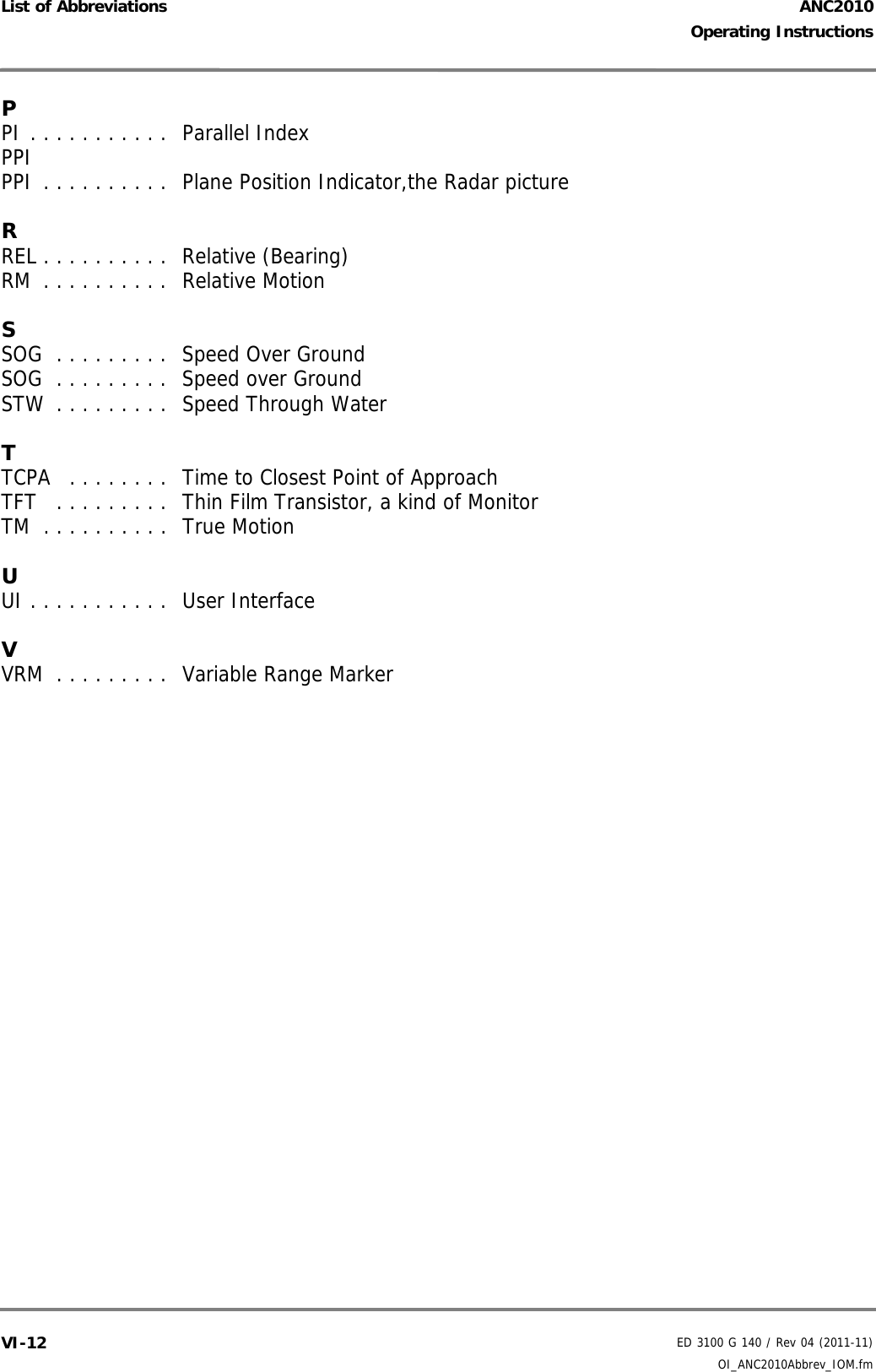 ANC2010ED 3100 G 140 / Rev 04 (2011-11)Operating InstructionsList of Abbreviations OI_ANC2010Abbrev_IOM.fmVI-12PPI . . . . . . . . . . .  Parallel Index PPI PPI . . . . . . . . . .  Plane Position Indicator,the Radar picture RREL . . . . . . . . . .  Relative (Bearing) RM  . . . . . . . . . .  Relative Motion SSOG  . . . . . . . . .  Speed Over Ground SOG  . . . . . . . . .  Speed over Ground STW  . . . . . . . . .  Speed Through Water TTCPA   . . . . . . . .  Time to Closest Point of Approach TFT   . . . . . . . . .  Thin Film Transistor, a kind of Monitor TM  . . . . . . . . . .  True Motion UUI . . . . . . . . . . .  User Interface VVRM  . . . . . . . . .  Variable Range Marker 