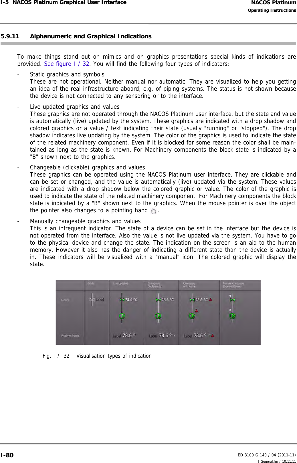 NACOS PlatinumED 3100 G 140 / 04 (2011-11)Operating InstructionsI-5  NACOS Platinum Graphical User Interface I General.fm / 10.11.11I-805.9.11 Alphanumeric and Graphical Indications To make things stand out on mimics and on graphics presentations special kinds of indications areprovided. See figure I / 32. You will find the following four types of indicators:-  Static graphics and symbolsThese are not operational. Neither manual nor automatic. They are visualized to help you gettingan idea of the real infrastructure aboard, e.g. of piping systems. The status is not shown becausethe device is not connected to any sensoring or to the interface. -  Live updated graphics and values These graphics are not operated through the NACOS Platinum user interface, but the state and valueis automatically (live) updated by the system. These graphics are indicated with a drop shadow andcolored graphics or a value / text indicating their state (usually &quot;running&quot; or &quot;stopped&quot;). The dropshadow indicates live updating by the system. The color of the graphics is used to indicate the stateof the related machinery component. Even if it is blocked for some reason the color shall be main-tained as long as the state is known. For Machinery components the block state is indicated by a&quot;B&quot; shown next to the graphics. -  Changeable (clickable) graphics and values These graphics can be operated using the NACOS Platinum user interface. They are clickable andcan be set or changed, and the value is automatically (live) updated via the system. These valuesare indicated with a drop shadow below the colored graphic or value. The color of the graphic isused to indicate the state of the related machinery component. For Machinery components the blockstate is indicated by a &quot;B&quot; shown next to the graphics. When the mouse pointer is over the objectthe pointer also changes to a pointing hand  . -  Manually changeable graphics and values This is an infrequent indicator. The state of a device can be set in the interface but the device isnot operated from the interface. Also the value is not live updated via the system. You have to goto the physical device and change the state. The indication on the screen is an aid to the humanmemory. However it also has the danger of indicating a different state than the device is actuallyin. These indicators will be visualized with a &quot;manual&quot; icon. The colored graphic will display thestate.Fig. I /  32 Visualisation types of indication 